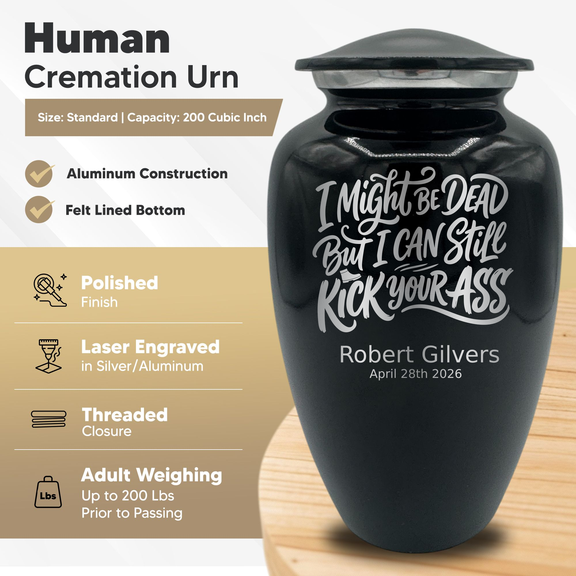 Splendor Human Cremation Urn - 200 Cubic Inch Capacity - Metal | Dark Humor