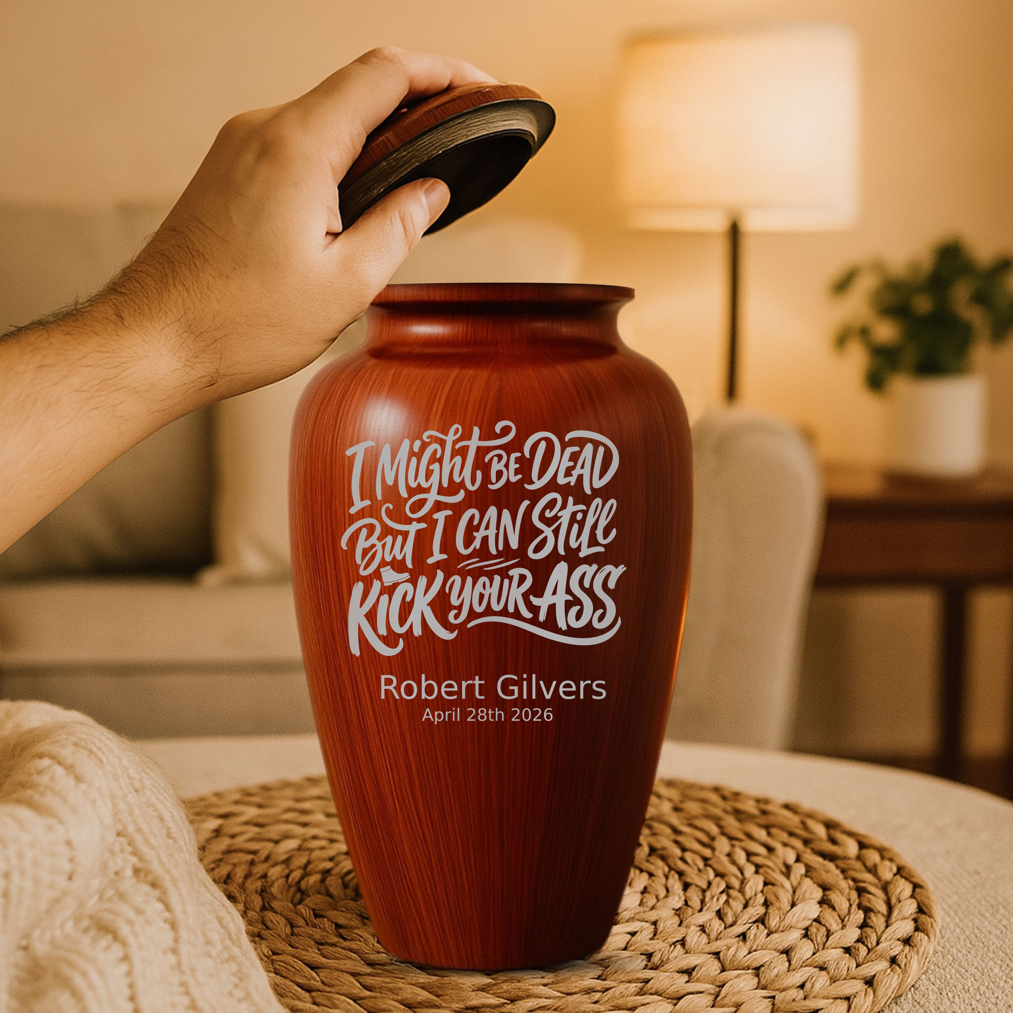 Human Cremation Urn - 200 Cubic Inch - Ingrained Wood Style Finish | Dark Humor