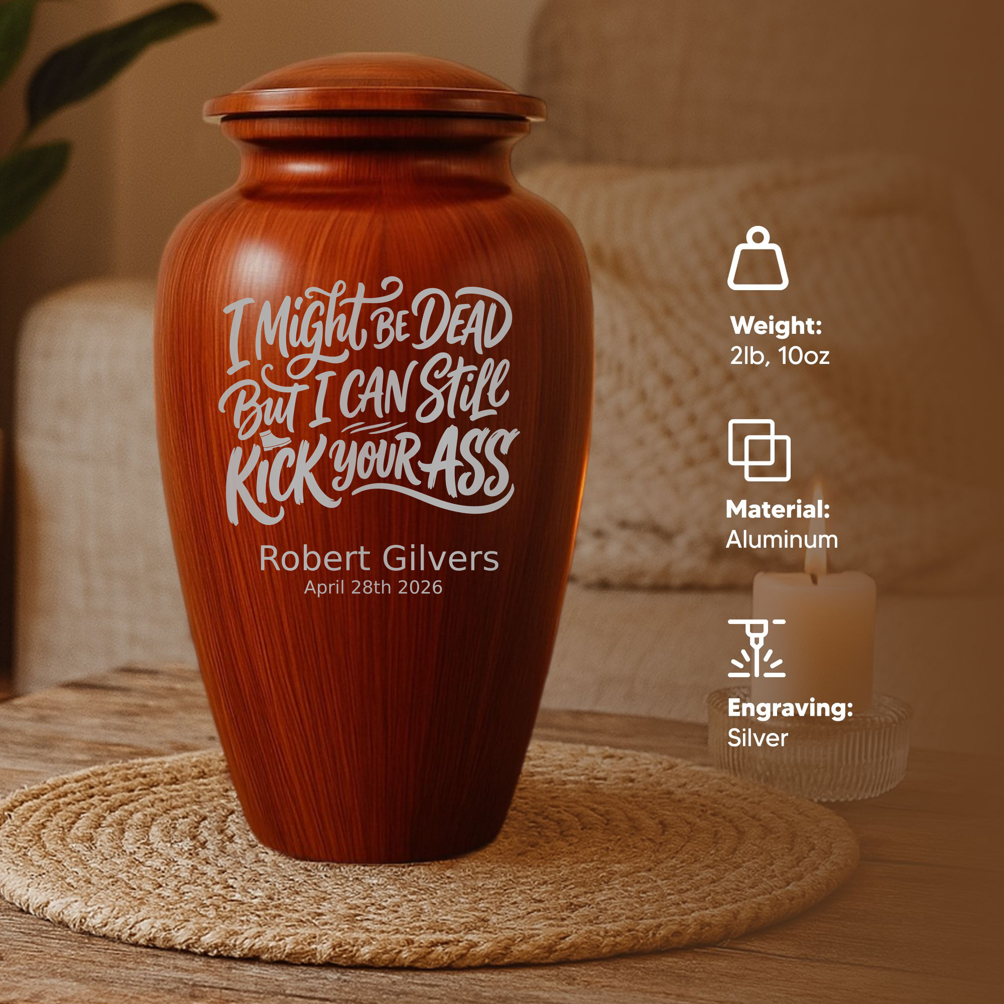 Human Cremation Urn - 200 Cubic Inch - Ingrained Wood Style Finish | Dark Humor