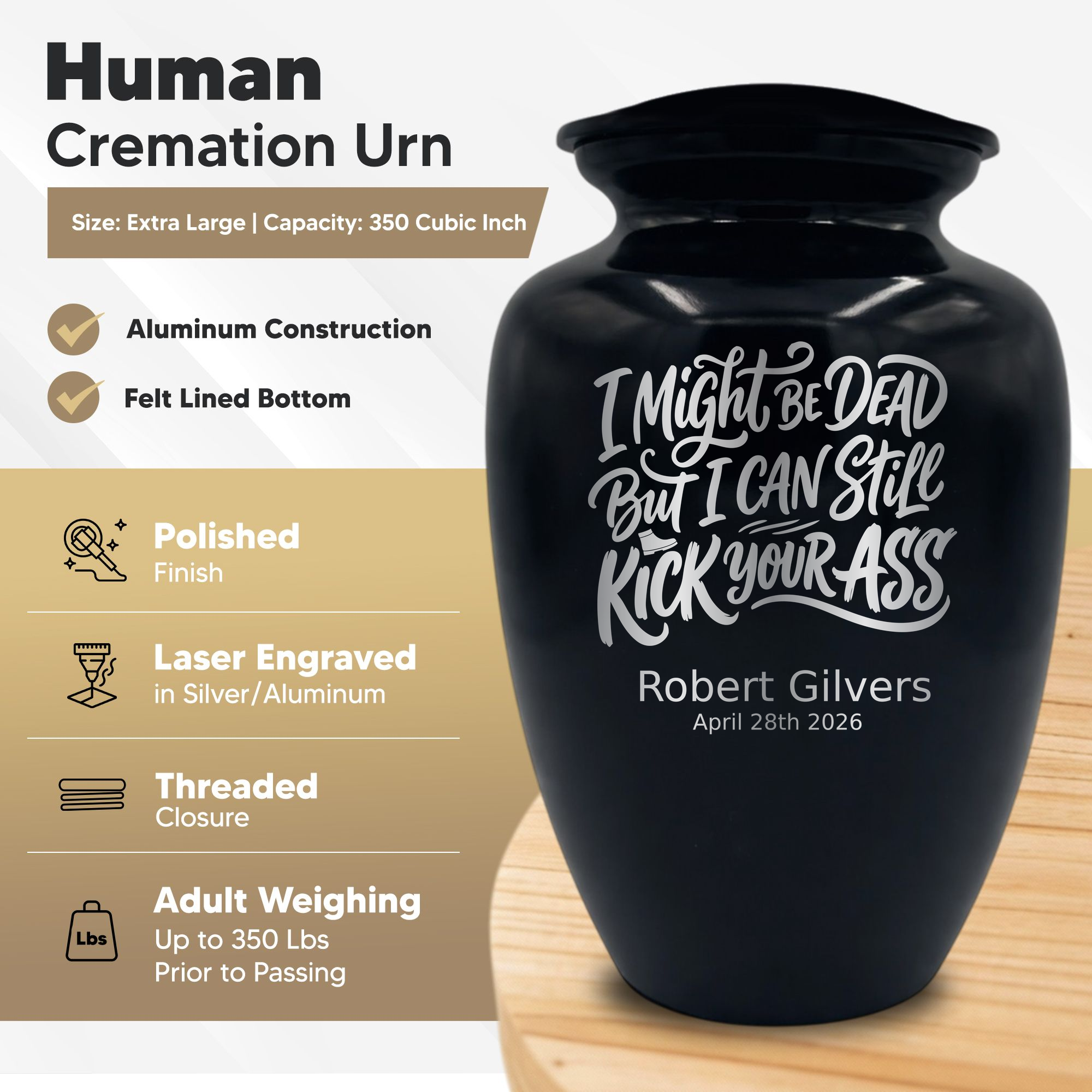 Polished Extra Large Human Cremation Urn 350 Cubic Inch - Engraved Aluminum | Dark Humor
