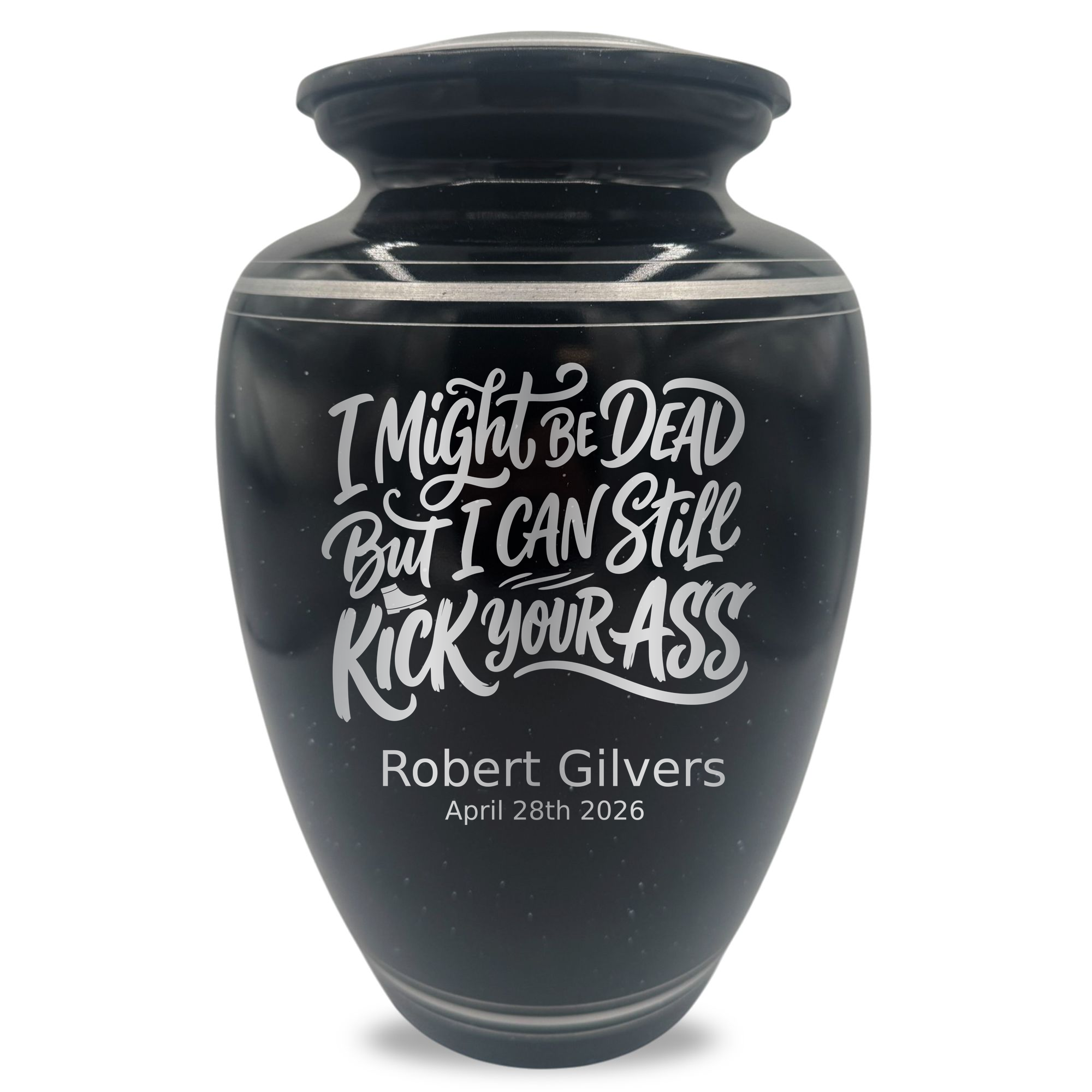 Extra Large Human Cremation Urn - 350 Cubic Inch - Black Spotted Finish with Silver Rim | Dark Humor