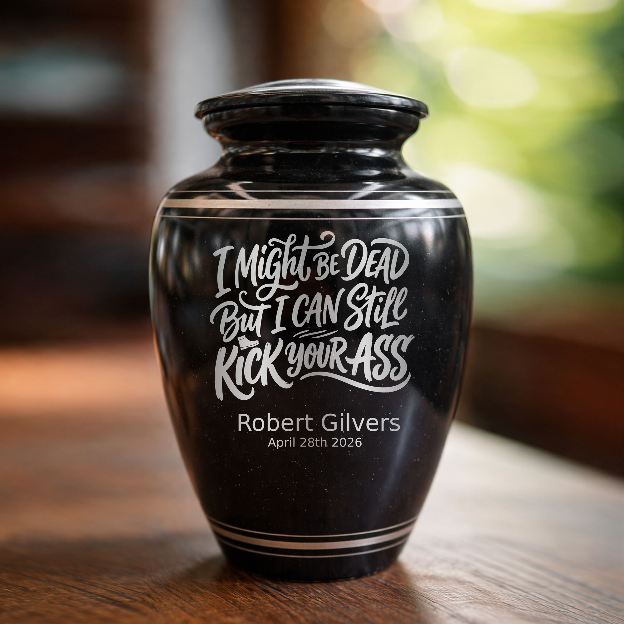 Extra Large Human Cremation Urn - 350 Cubic Inch - Black Spotted Finish with Silver Rim | Dark Humor