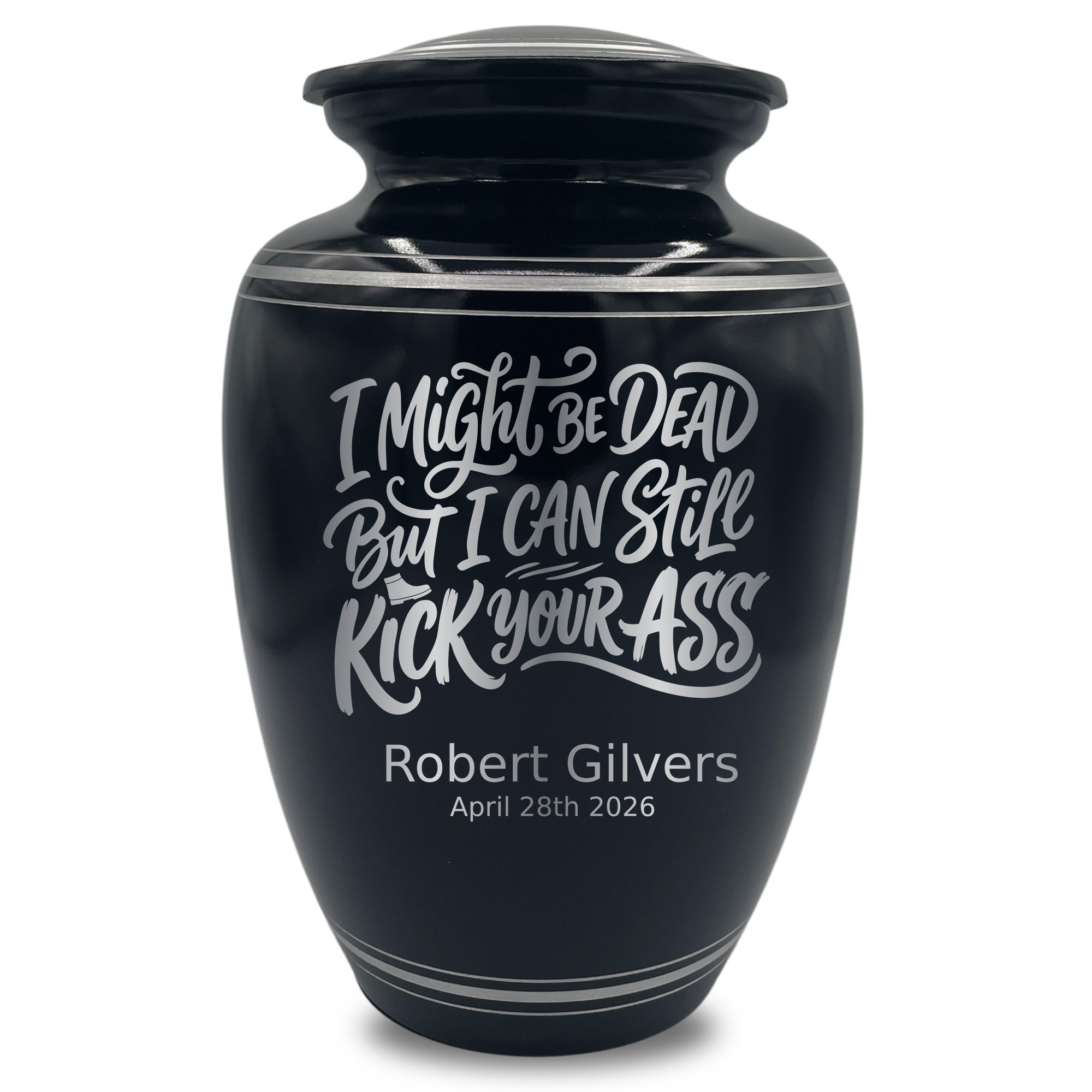 Human Cremation Urn - 350 Cubic Inch Capacity - Black with Silver Rim | Dark Humor