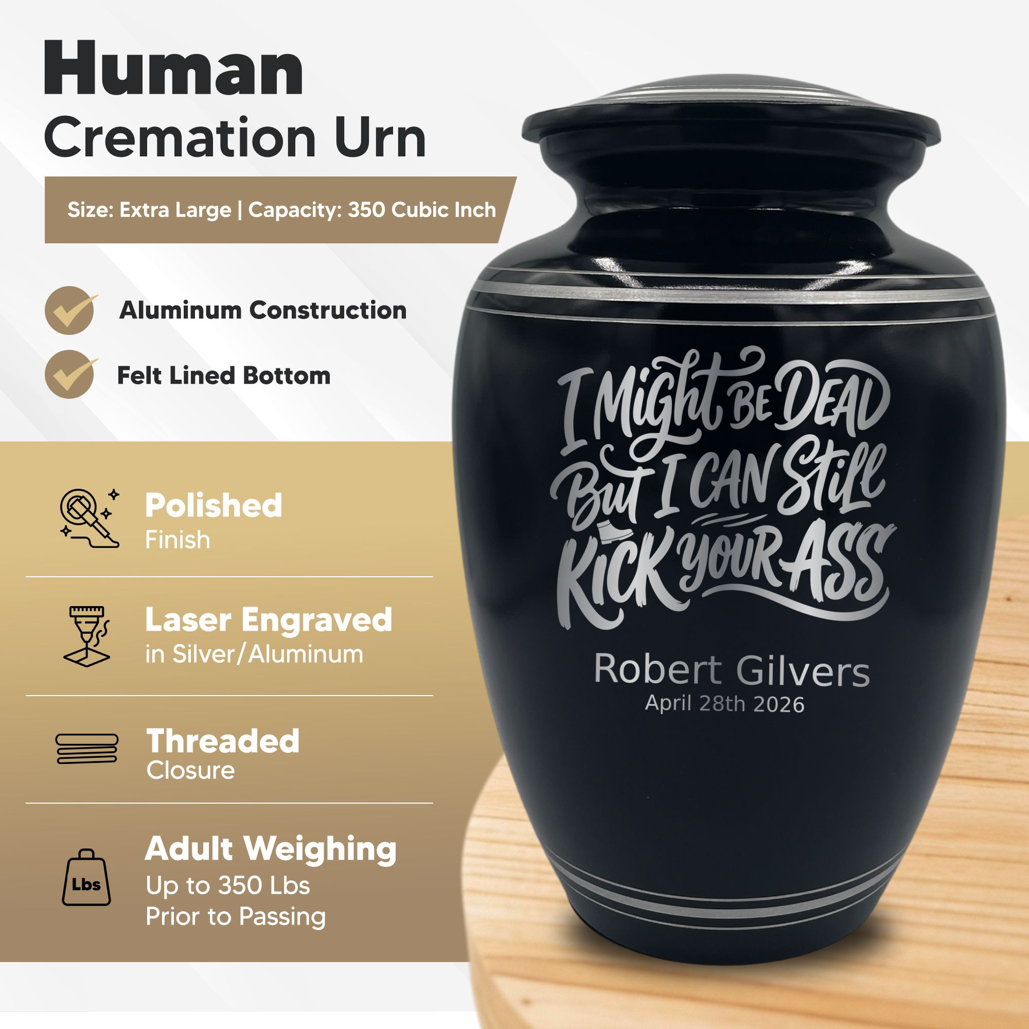 Human Cremation Urn - 350 Cubic Inch Capacity - Black with Silver Rim | Dark Humor