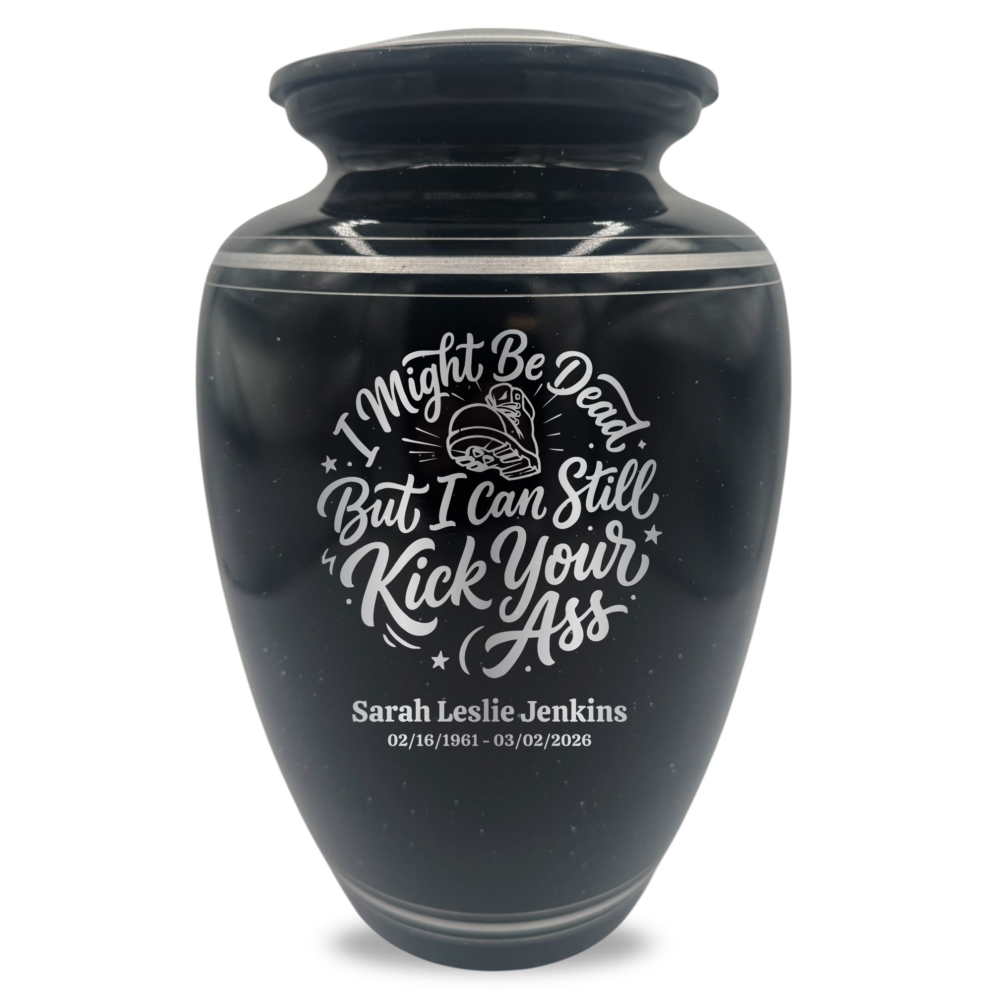 Extra Large Human Cremation Urn - 350 Cubic Inch - Black Spotted Finish with Silver Rim | Dark Humor