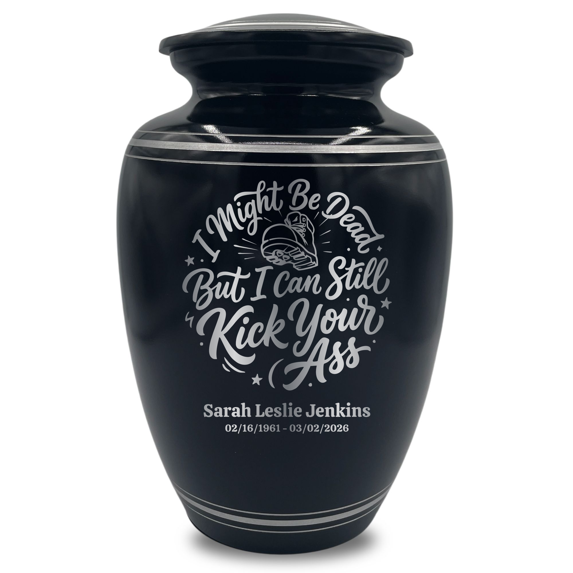 Human Cremation Urn - 350 Cubic Inch Capacity - Black with Silver Rim | Dark Humor