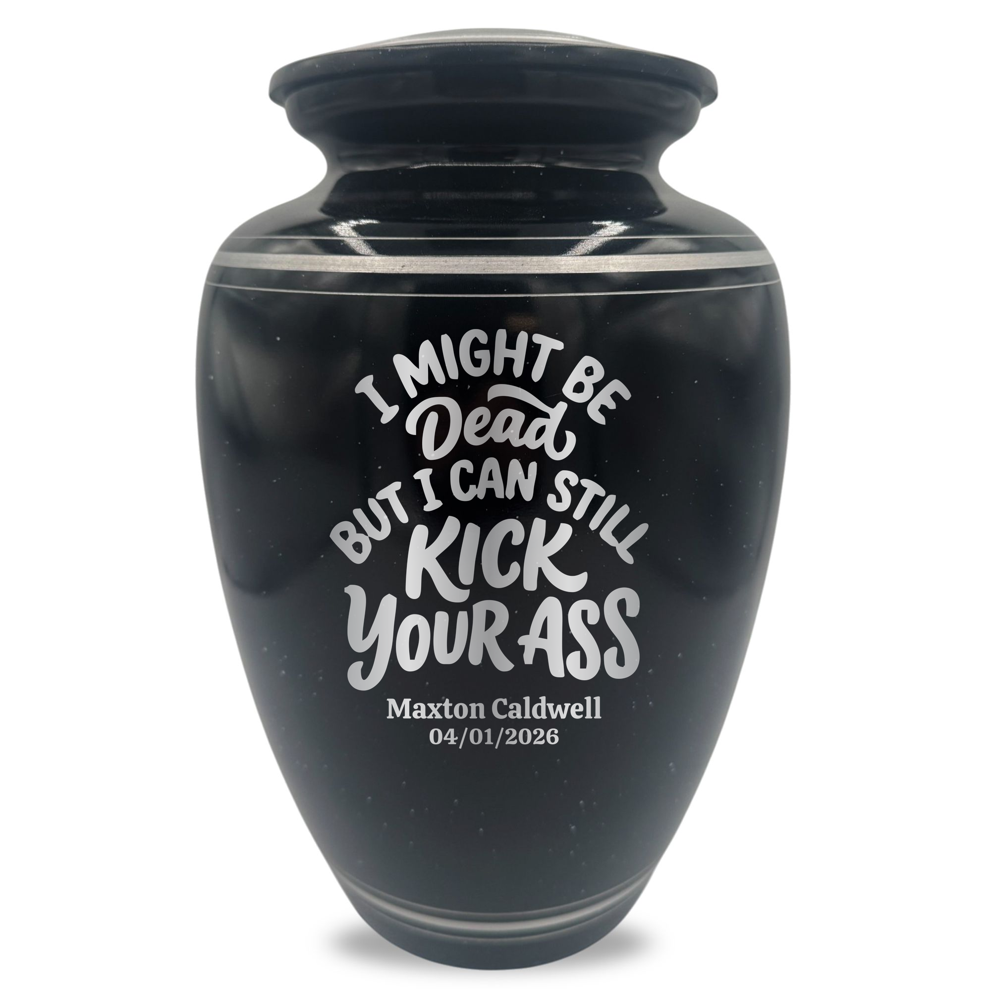 Extra Large Human Cremation Urn - 350 Cubic Inch - Black Spotted Finish with Silver Rim | Dark Humor