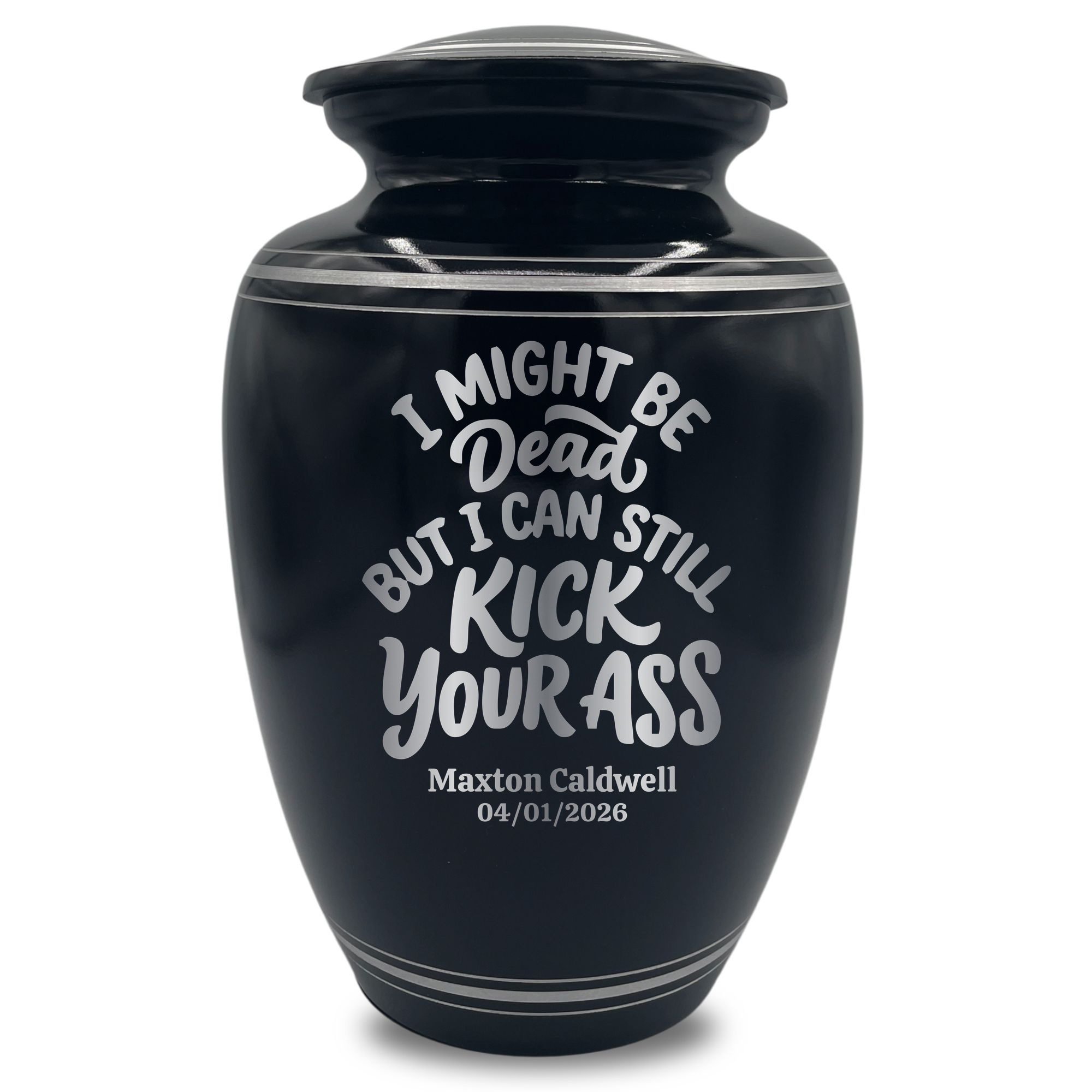Human Cremation Urn - 350 Cubic Inch Capacity - Black with Silver Rim | Dark Humor