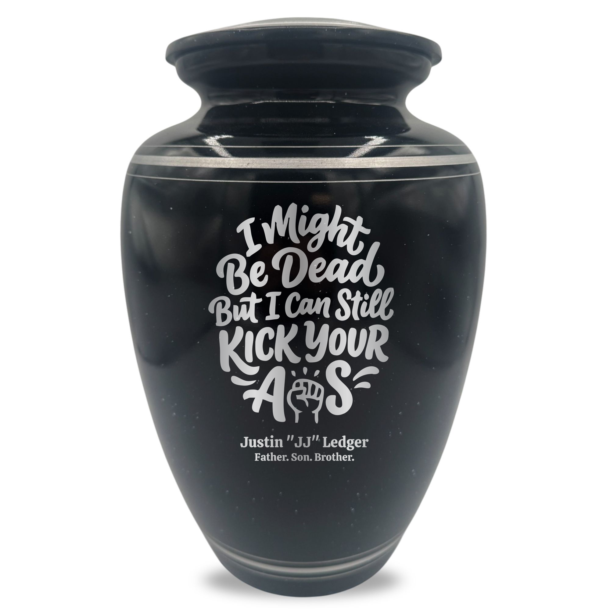 Extra Large Human Cremation Urn - 350 Cubic Inch - Black Spotted Finish with Silver Rim | Dark Humor
