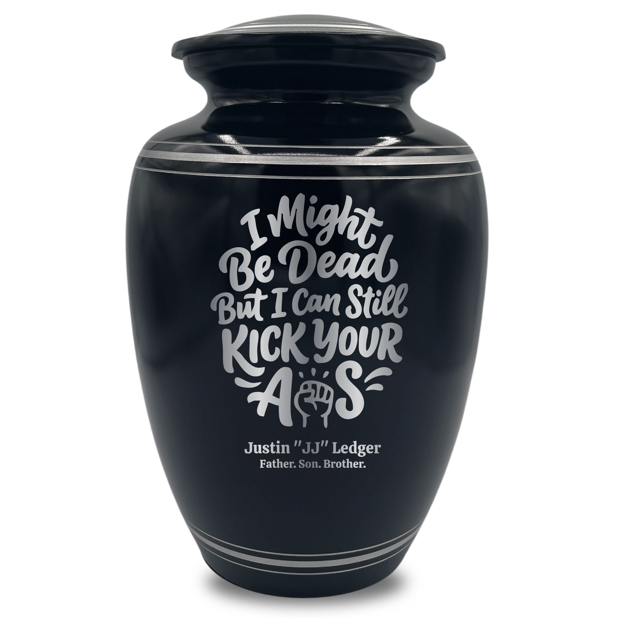 Human Cremation Urn - 350 Cubic Inch Capacity - Black with Silver Rim | Dark Humor