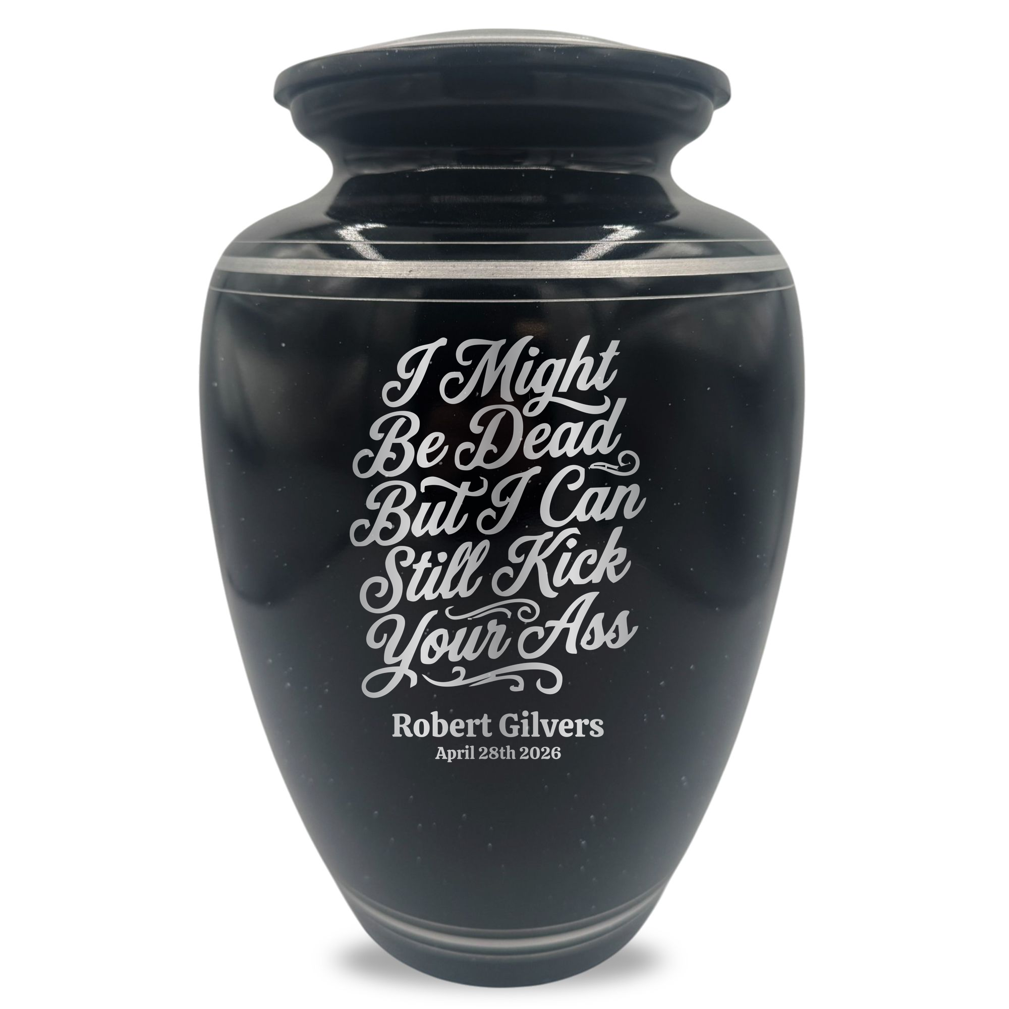 Extra Large Human Cremation Urn - 350 Cubic Inch - Black Spotted Finish with Silver Rim | Dark Humor