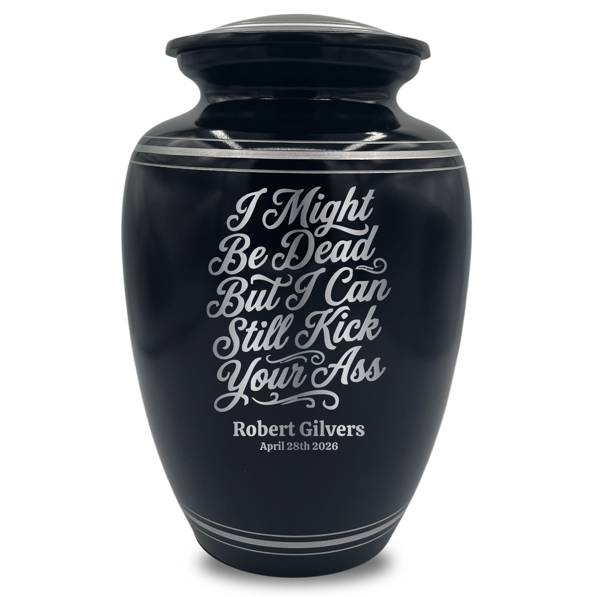 Human Cremation Urn - 350 Cubic Inch Capacity - Black with Silver Rim | Dark Humor