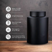 Custom Cat Round Urn - Larger Size - Stainless Steel - Black Powder Coated Finish - 115 Cubic Inch
