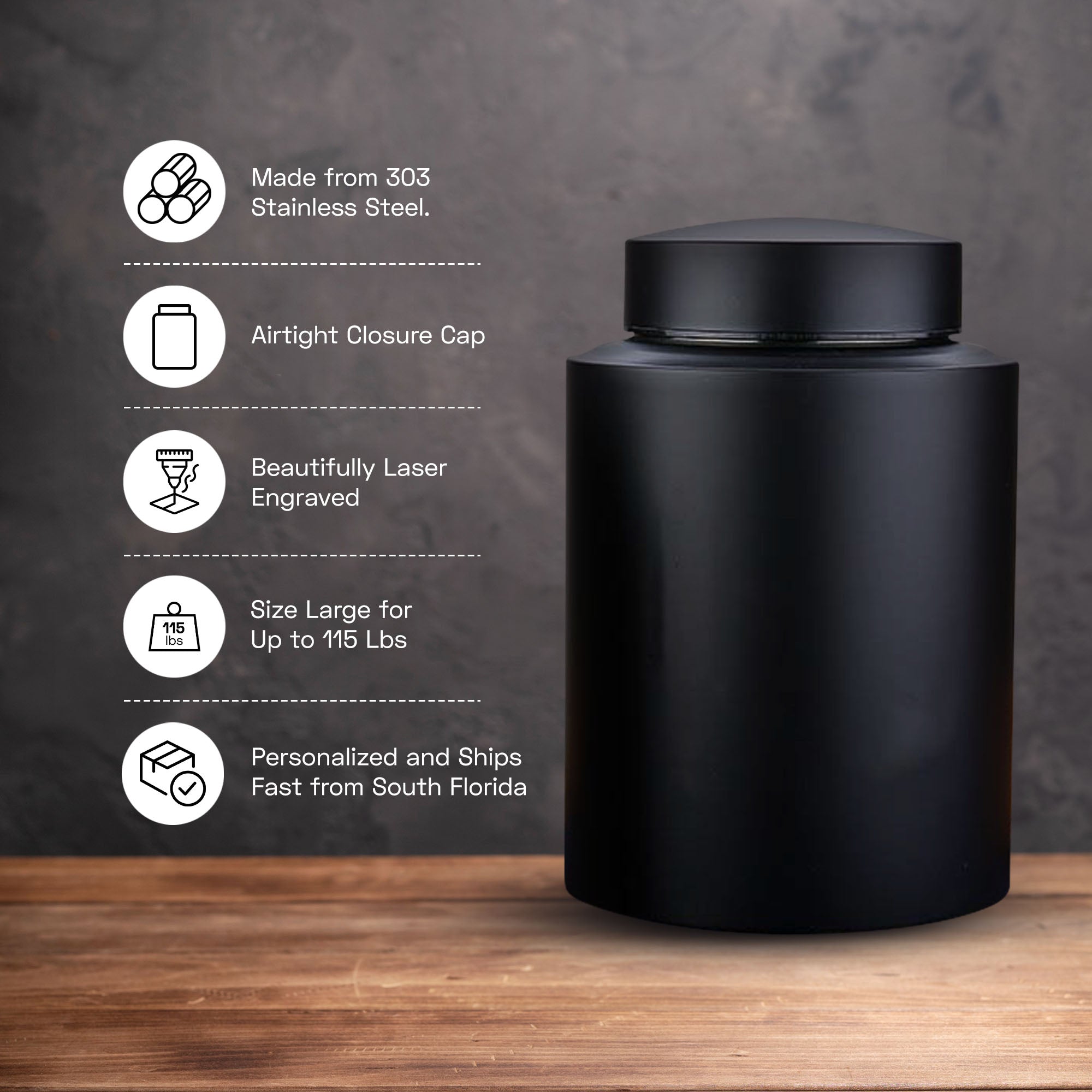 Personalized Custom Large Urn Pet Cat Cremation Urn Engraved with Name, Date and Text - Round Powder Coated Steel Urns for Cats ashes, Pet size 90-115 lbs |Black