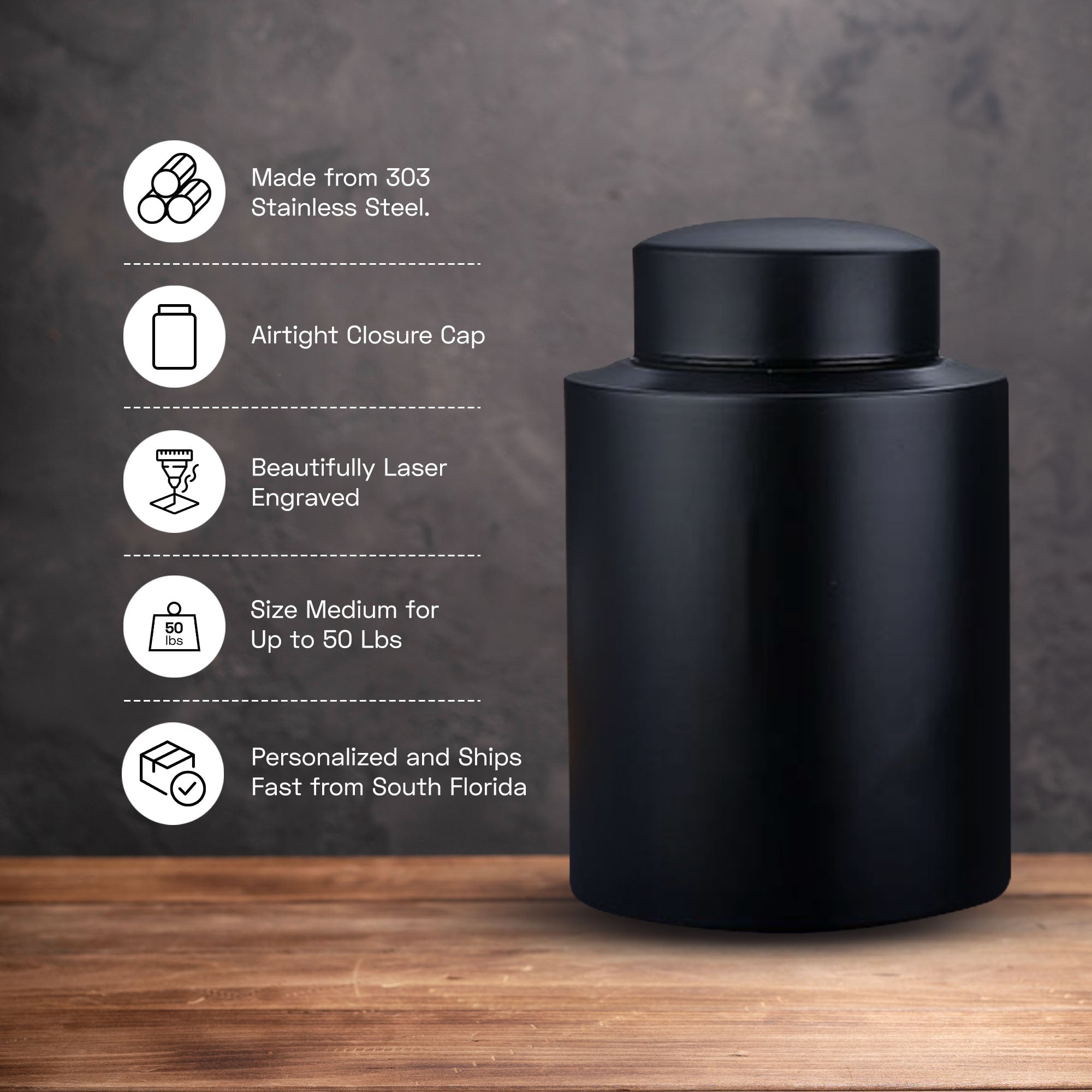 Personalized Custom Pet Cat Cremation Urn Engraved with Name, Date and Text - Round Powder Coated Steel Standard Size Urns for Cats ashes, Pet size 30-50lbs | (Black)