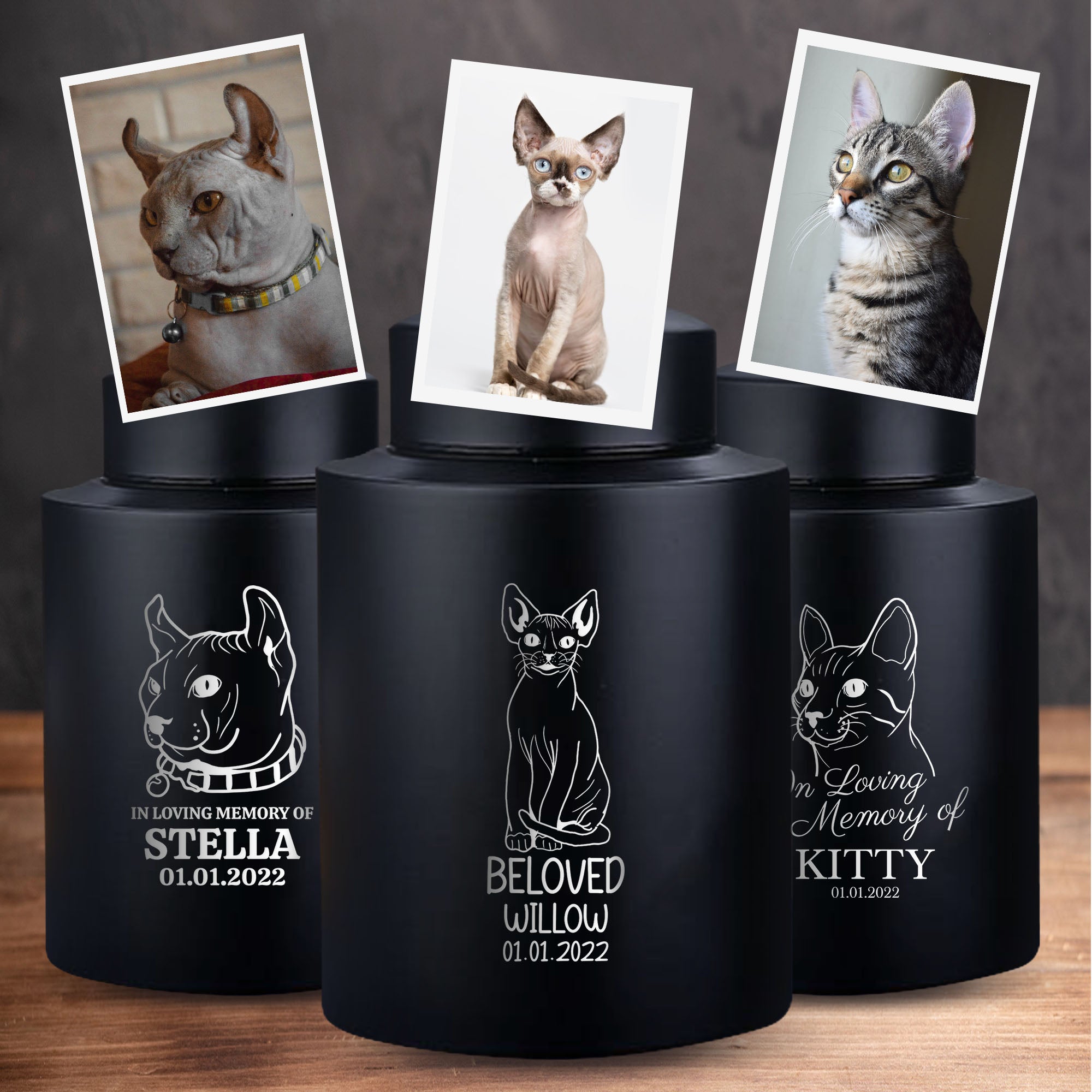 Custom Engraved Pet Photo/Image Pet Memorial Urn – Personalized Pet Image Round Powder Coated Steel Standard Size Urn for Dogs, Name, Date, and Text Engraving Included | Pet Size 30-50 lbs | Black