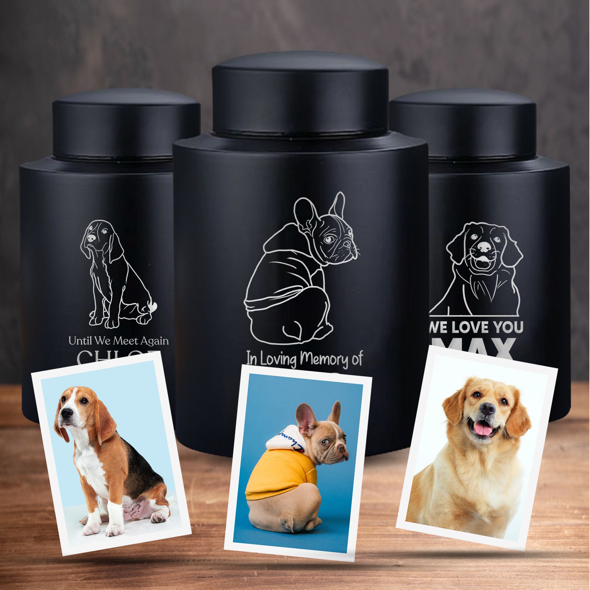 Custom Engraved Pet Photo/Image Pet Memorial Urn – Personalized Pet Image Round Powder Coated Steel Standard Size Urn for Dogs, Name, Date, and Text Engraving Included | Pet Size 30-50 lbs | Black