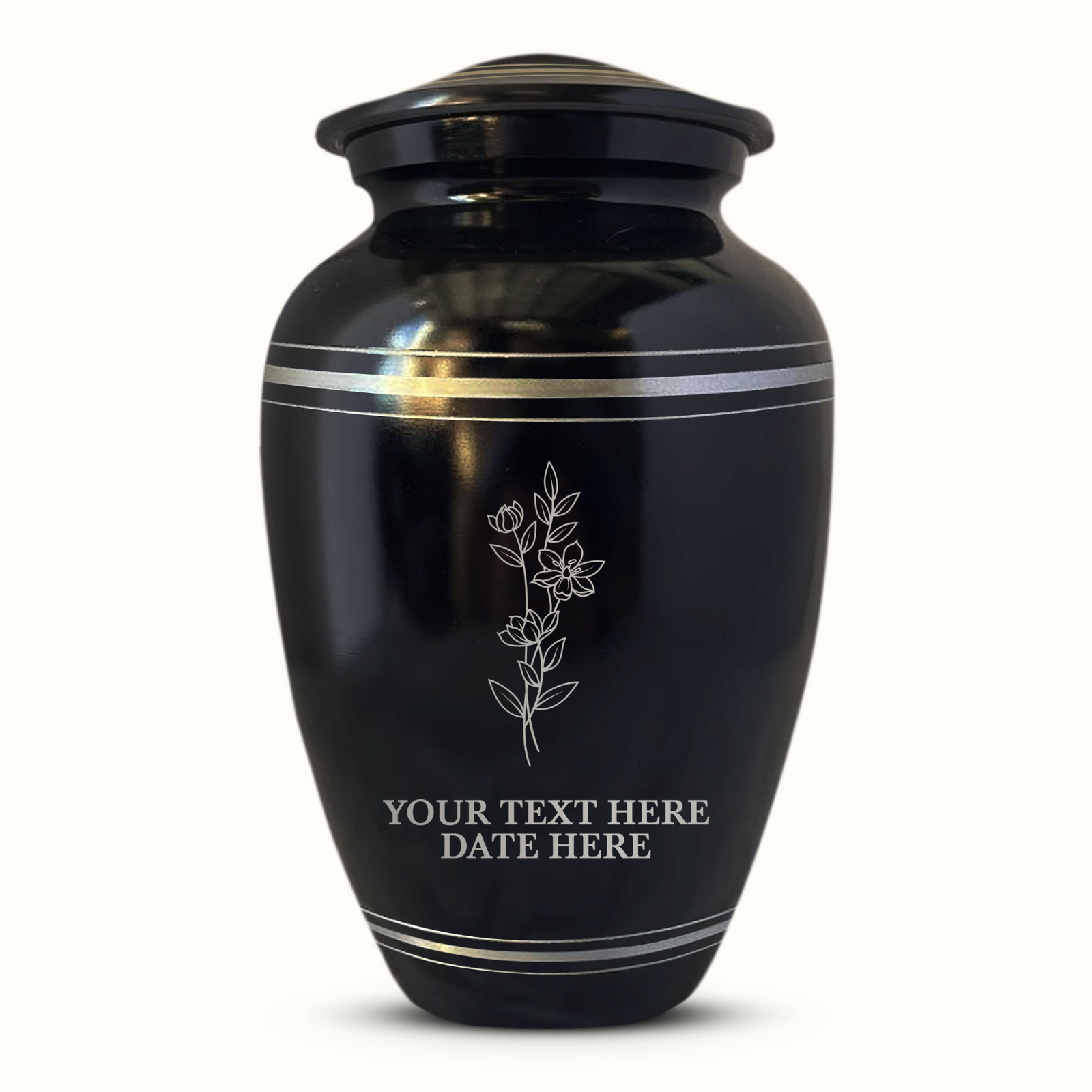 Personalized Custom Human Cremation Urn For Adult Ashes Men & Woman - Engraved Aluminum Urn with Name and Date - Polished Finish Vessel for Human Remains Up to 200 Lbs | Polished Silver Rim - Memorial Floral 1