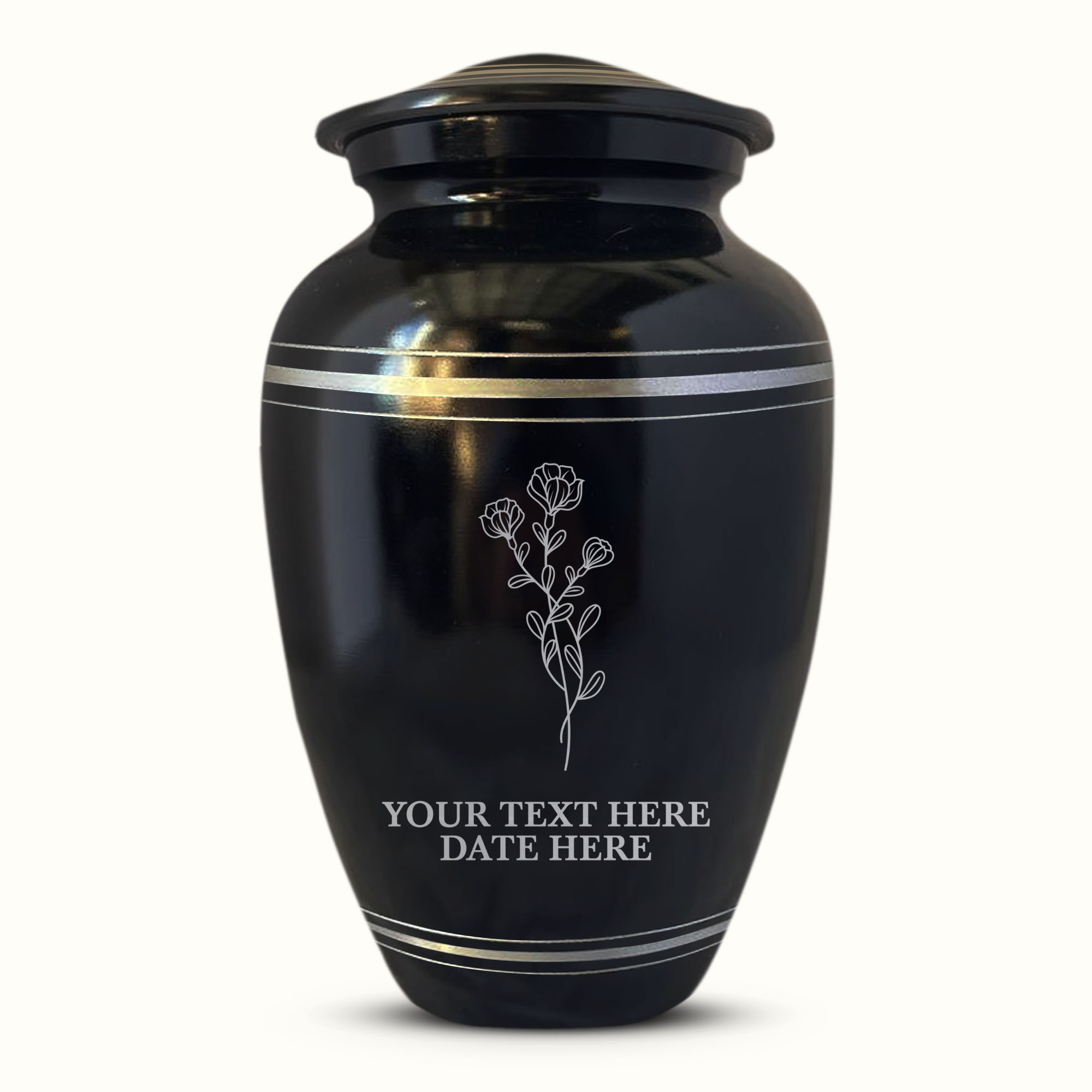 Personalized Custom Human Cremation Urn For Adult Ashes Men & Woman - Engraved Aluminum Urn with Name and Date - Polished Finish Vessel for Human Remains Up to 200 Lbs | Polished Silver Rim - Memorial Floral 2