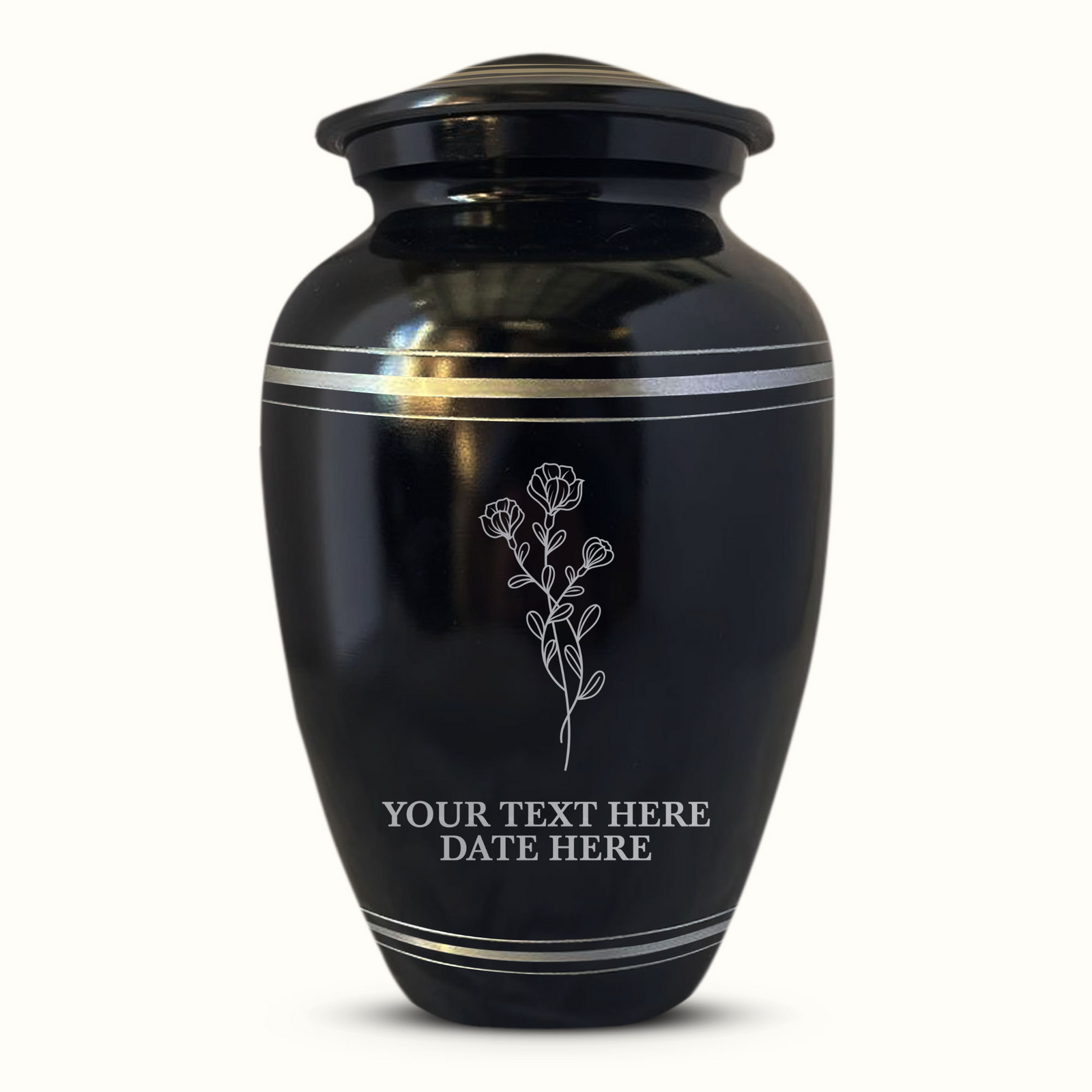 Custom Aluminum Human Urn - Floral Designs - Polished Silver Rim - 200 Cubic Inch