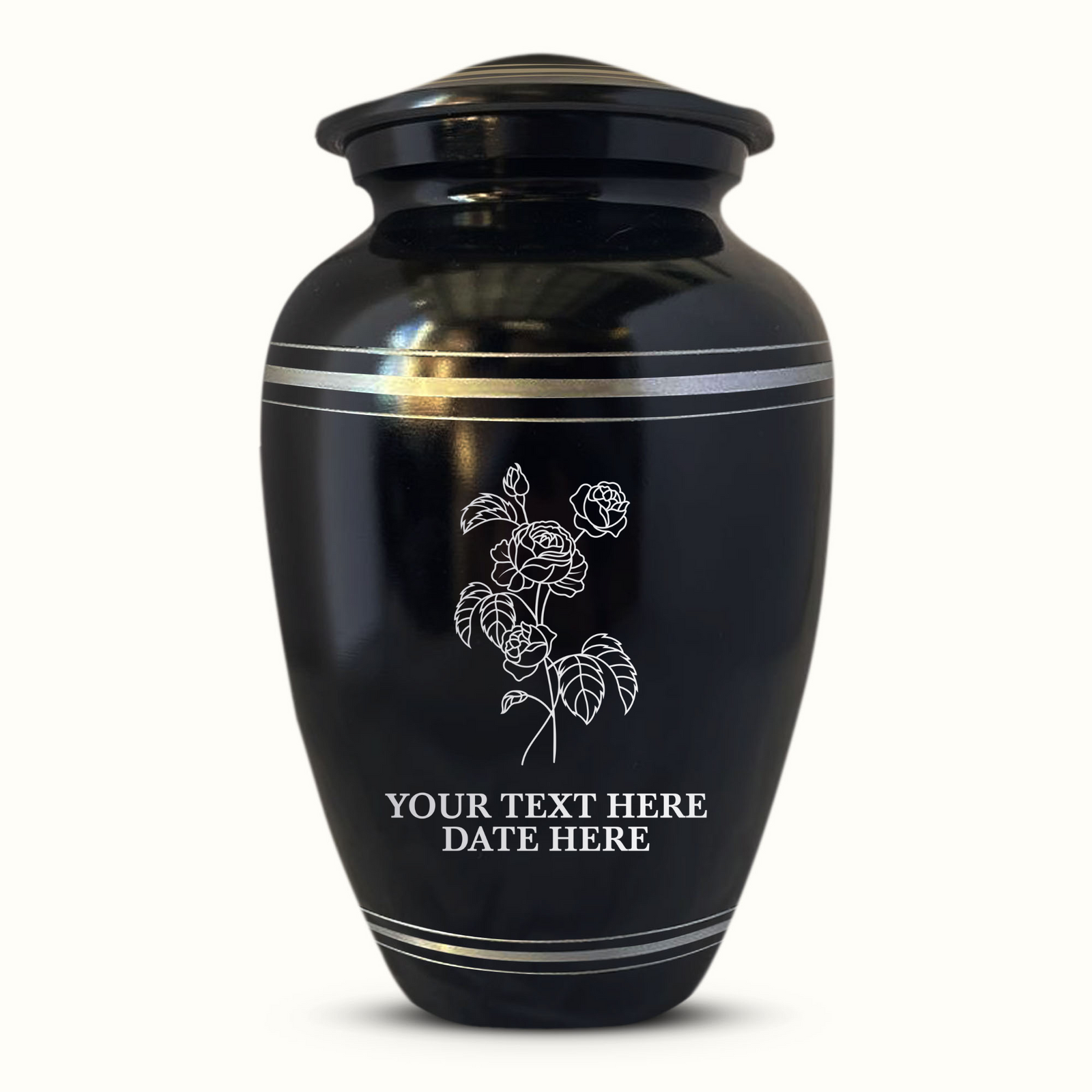 Custom Aluminum Human Urn - Floral Designs - Polished Silver Rim - 200 Cubic Inch