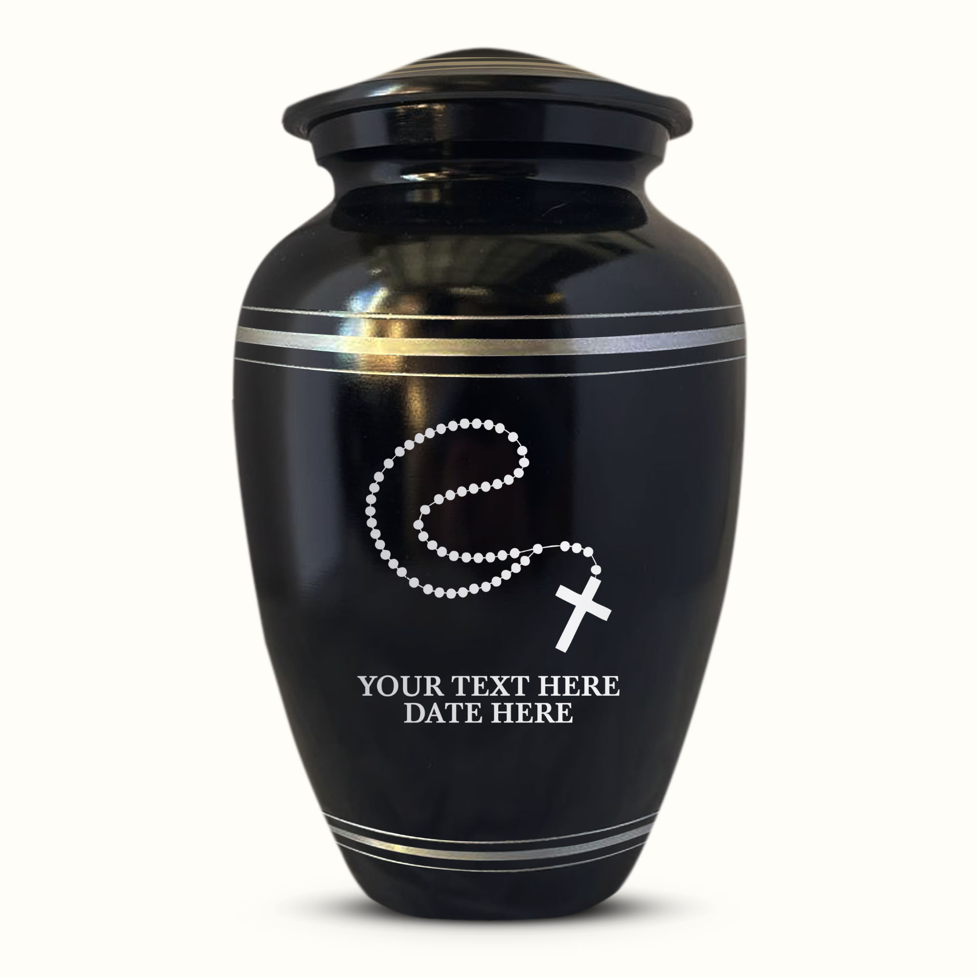 Personalized Custom Human Cremation Urn For Adult Ashes Men & Woman - Engraved Aluminum Urn with Name and Date - Polished Finish Vessel for Human Remains Up to 200 Lbs | Polished Silver Rim - Rosary Illustration 2