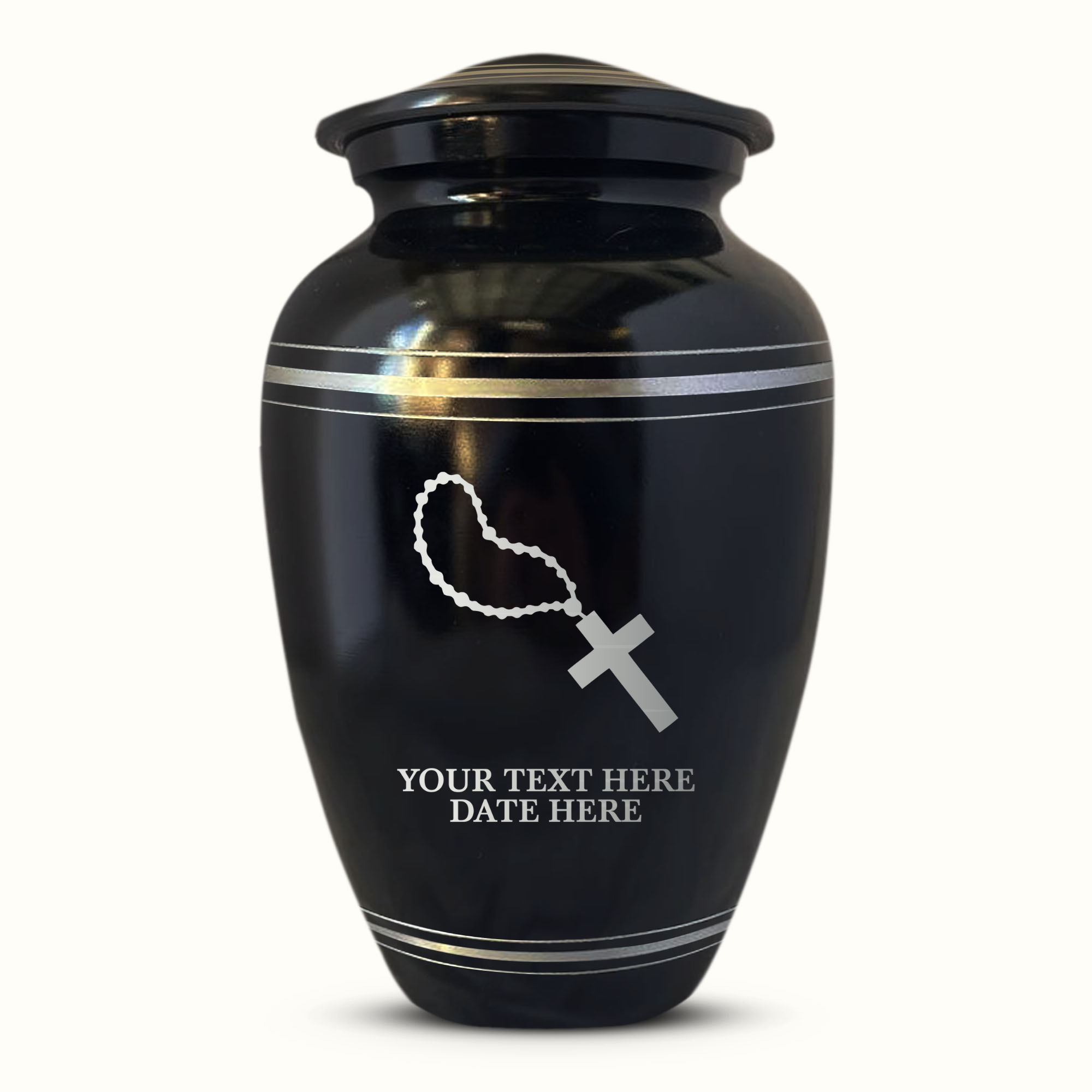 Personalized Custom Human Cremation Urn For Adult Ashes Men & Woman - Engraved Aluminum Urn with Name and Date - Polished Finish Vessel for Human Remains Up to 200 Lbs | Polished Silver Rim - Rosary Illustration 4