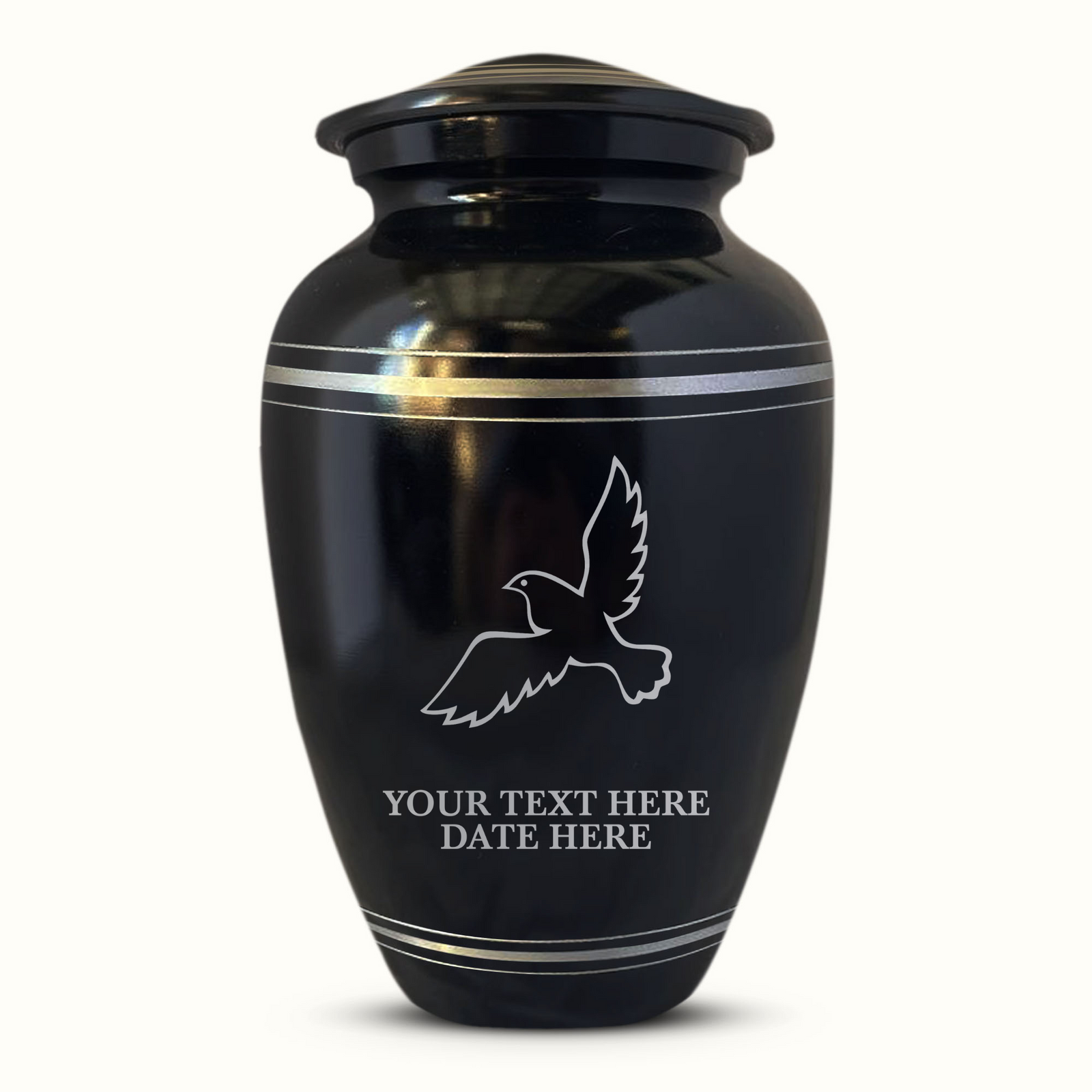 Custom Aluminum Human Urn - Memorial Dove Design - Polished Silver Rim - 200 Cubic Inch