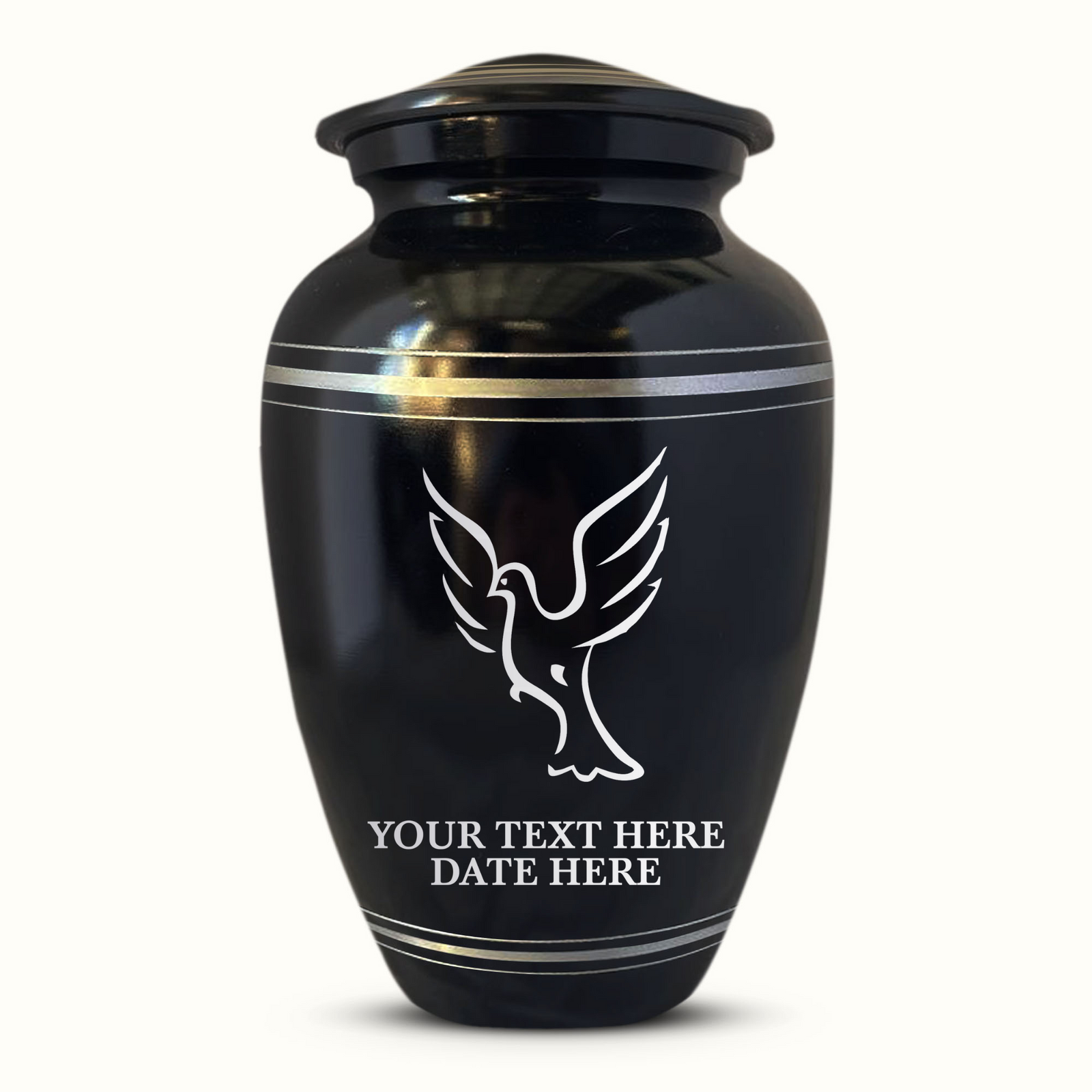 Custom Aluminum Human Urn - Memorial Dove Design - Polished Silver Rim - 200 Cubic Inch