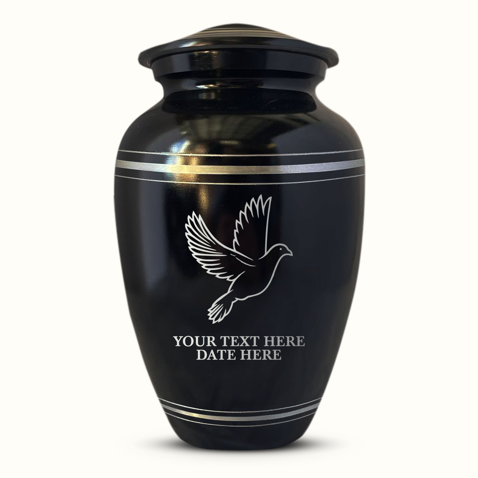 Custom Aluminum Human Urn - Memorial Dove Design - Polished Silver Rim - 200 Cubic Inch