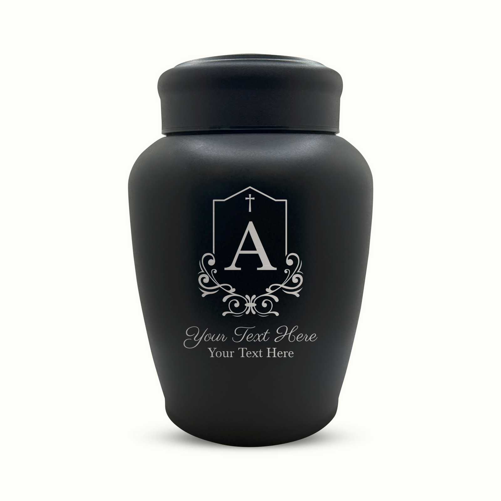 Custom Engraved Stainless Steel Human Urn with Headstone Design - Black Powder Coated Finish - 150 Cubic Inch