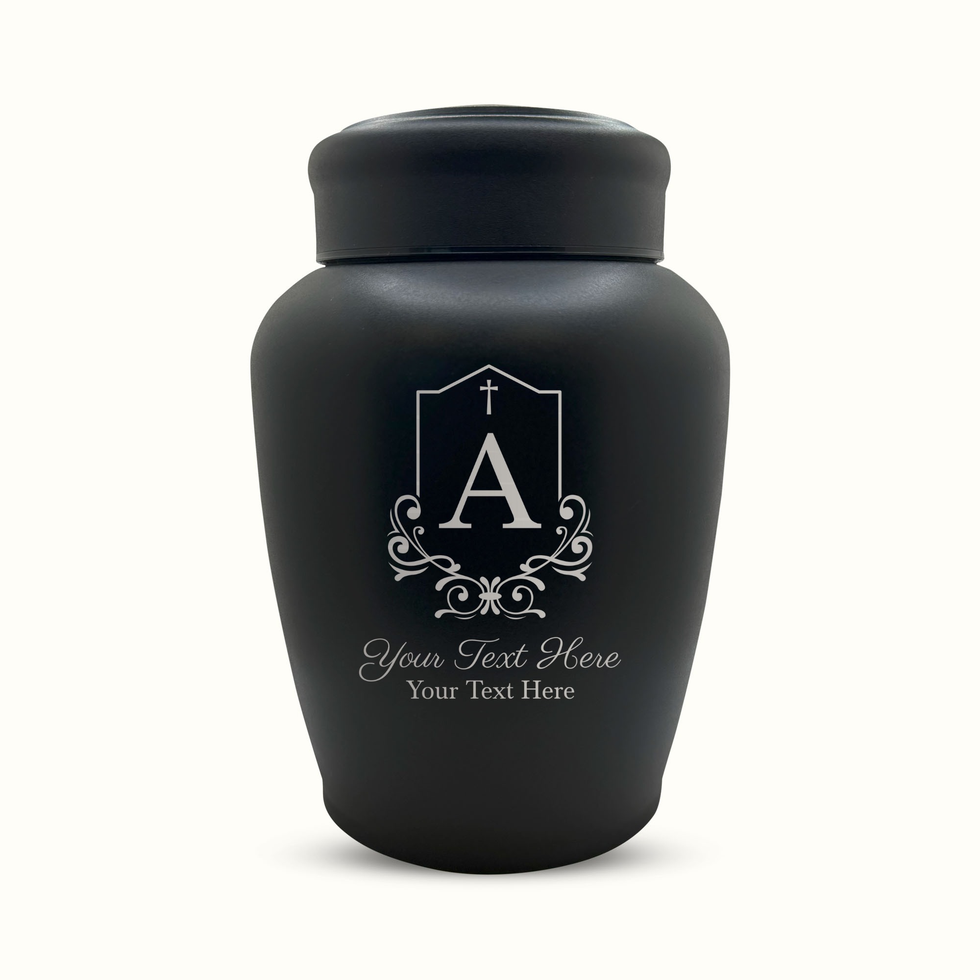 Custom Engraved Stainless Steel Human Urn with Headstone Design - Black Powder Coated Finish - 150 Cubic Inch