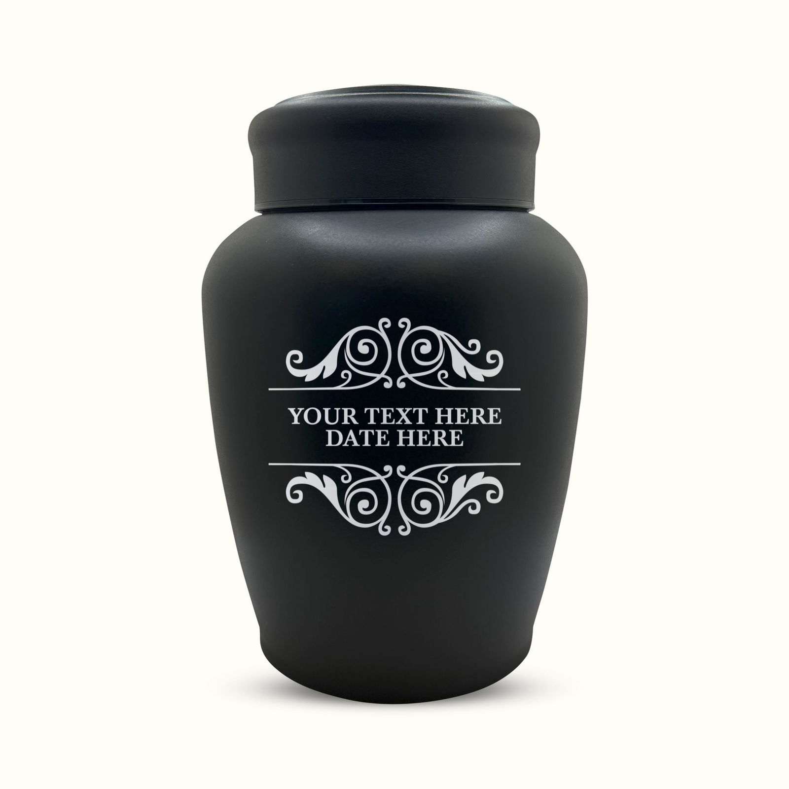 Custom Engraved Stainless Steel Human Urn with Memorial Swirl Design - Black Powder Coated Finish - 150 Cubic Inch