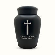 Custom Engraved Stainless Steel Human Urn with Memorial Cross Design - Black Powder Coated Finish - 150 Cubic Inch