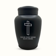 Custom Engraved Stainless Steel Human Urn with Memorial Cross Design - Black Powder Coated Finish - 150 Cubic Inch