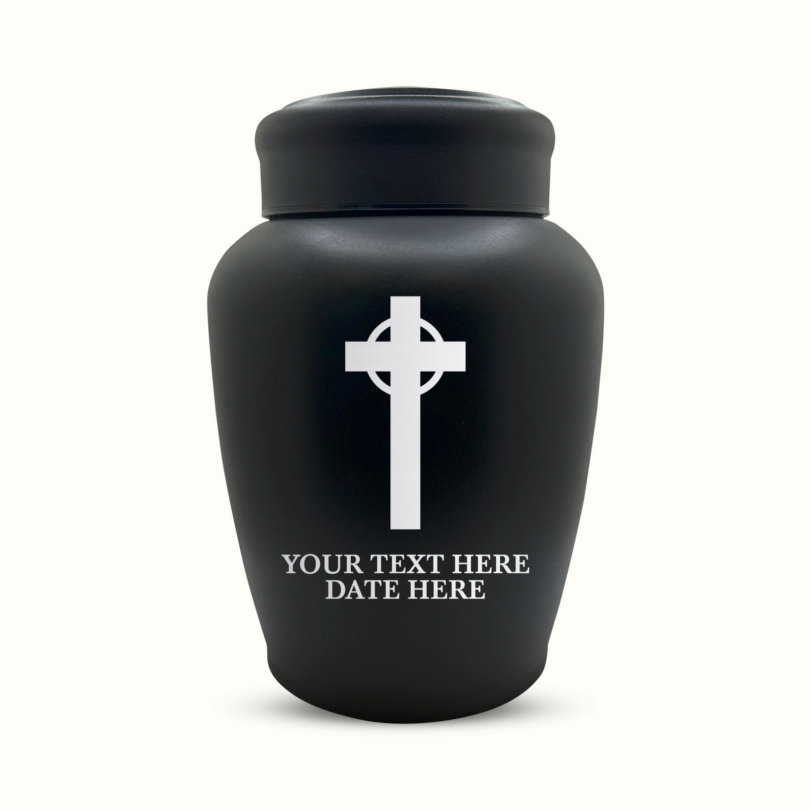 Custom Engraved Stainless Steel Human Urn with Memorial Cross Design - Black Powder Coated Finish - 150 Cubic Inch