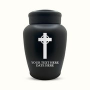 Custom Engraved Stainless Steel Human Urn with Memorial Cross Design - Black Powder Coated Finish - 150 Cubic Inch