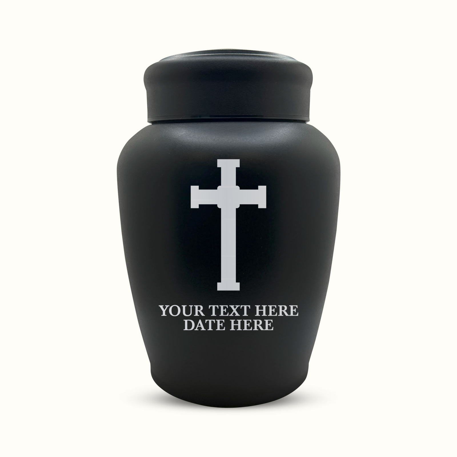 Custom Engraved Stainless Steel Human Urn with Memorial Cross Design - Black Powder Coated Finish - 150 Cubic Inch
