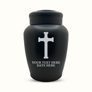 Custom Engraved Stainless Steel Human Urn with Memorial Cross Design - Black Powder Coated Finish - 150 Cubic Inch