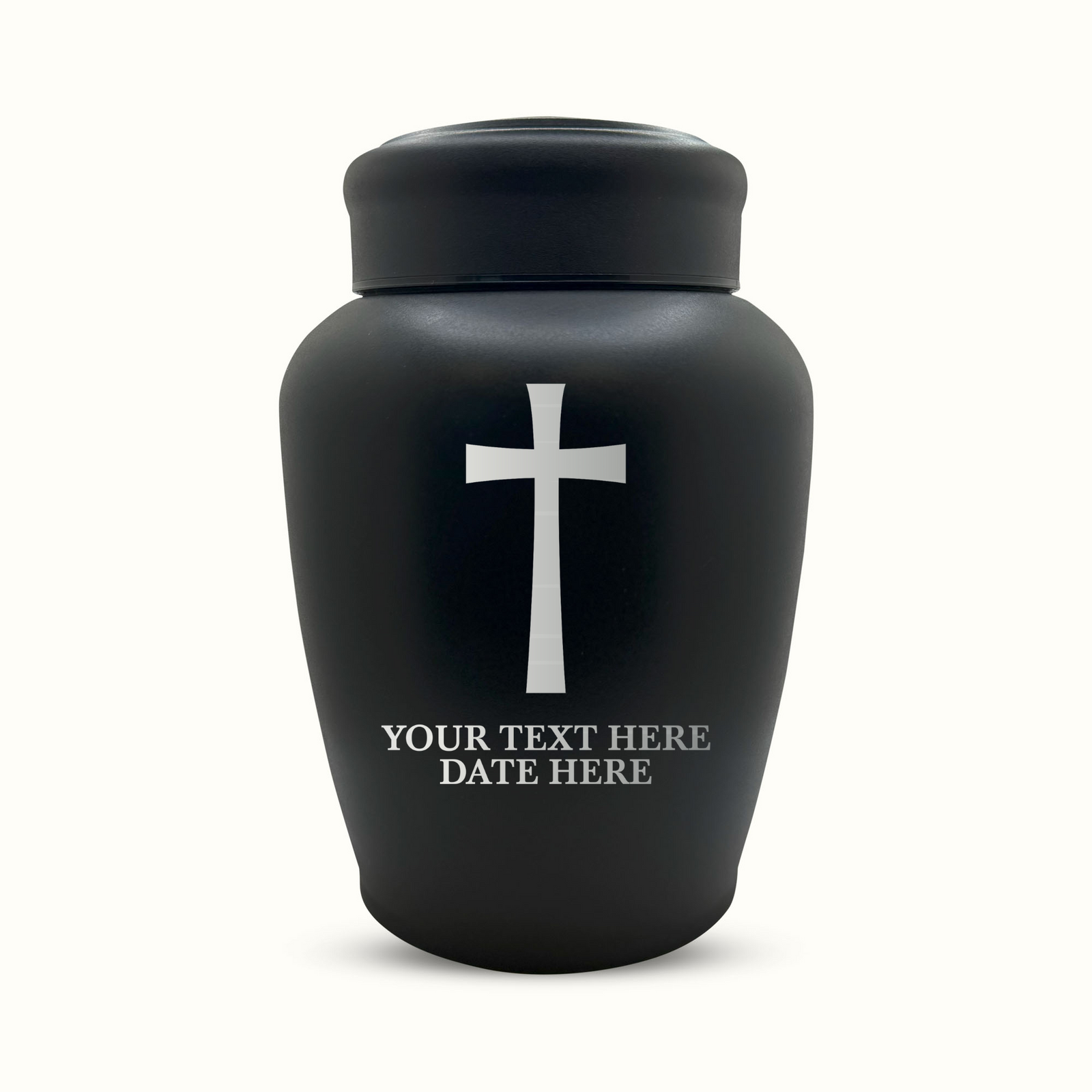 Custom Engraved Stainless Steel Human Urn with Memorial Cross Design - Black Powder Coated Finish - 150 Cubic Inch