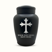 Custom Engraved Stainless Steel Human Urn with Memorial Cross Design - Black Powder Coated Finish - 150 Cubic Inch