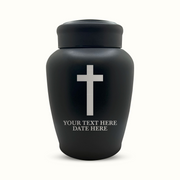 Custom Engraved Stainless Steel Human Urn with Memorial Cross Design - Black Powder Coated Finish - 150 Cubic Inch