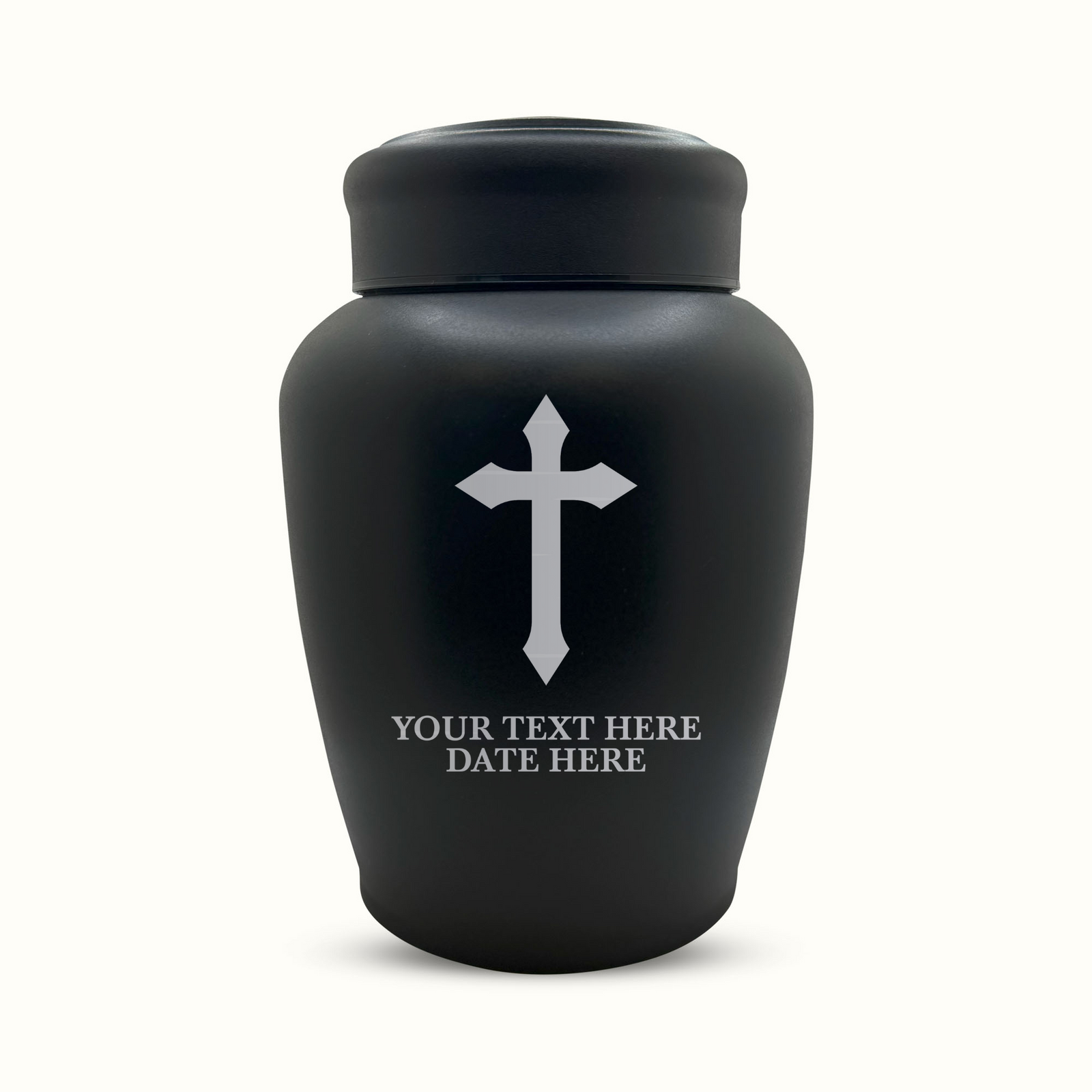 Custom Engraved Stainless Steel Human Urn with Memorial Cross Design - Black Powder Coated Finish - 150 Cubic Inch