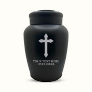 Custom Engraved Stainless Steel Human Urn with Memorial Cross Design - Black Powder Coated Finish - 150 Cubic Inch