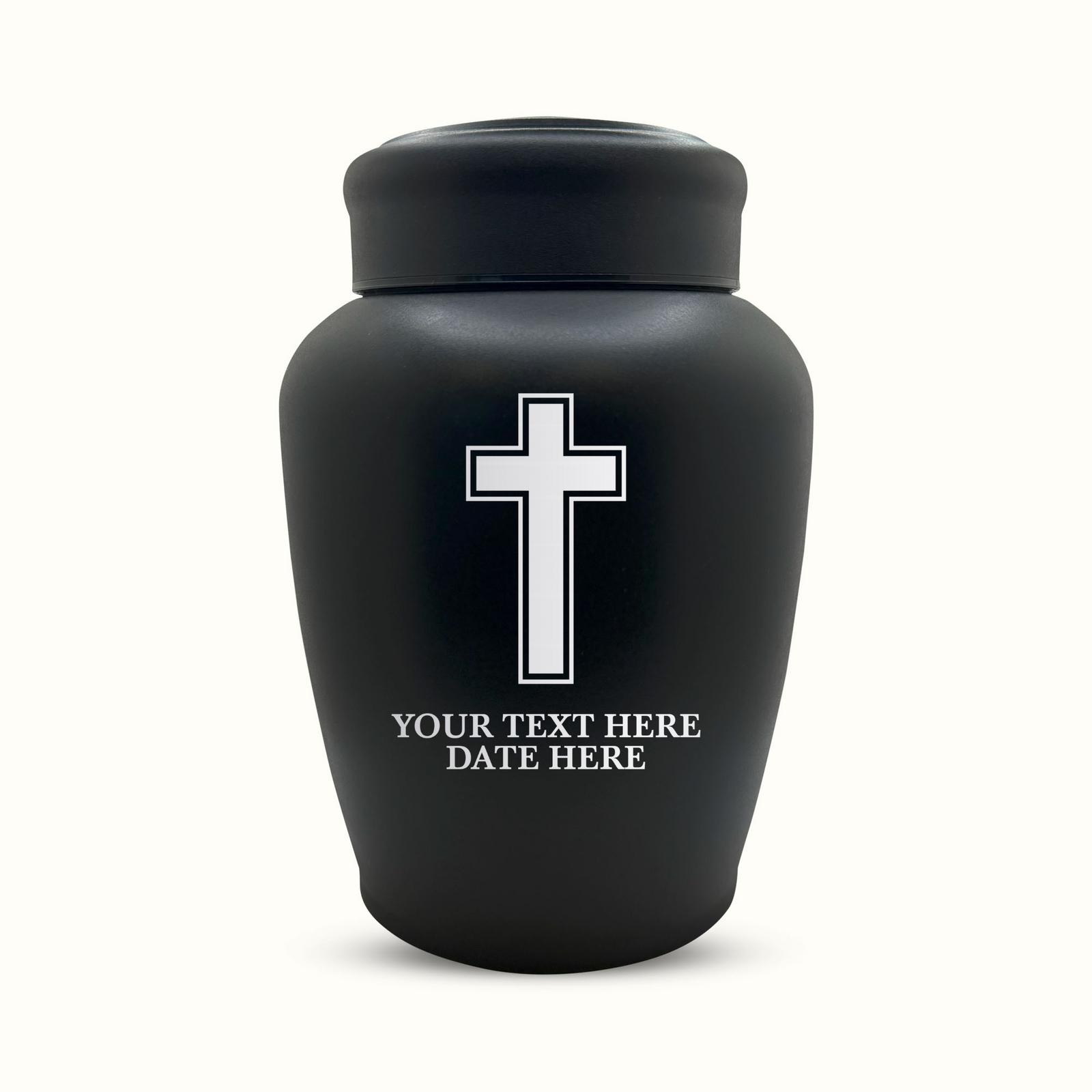 Custom Engraved Stainless Steel Human Urn with Memorial Cross Design - Black Powder Coated Finish - 150 Cubic Inch