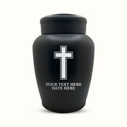 Custom Engraved Stainless Steel Human Urn with Memorial Cross Design - Black Powder Coated Finish - 150 Cubic Inch