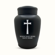 Custom Engraved Stainless Steel Human Urn with Memorial Cross Design - Black Powder Coated Finish - 150 Cubic Inch