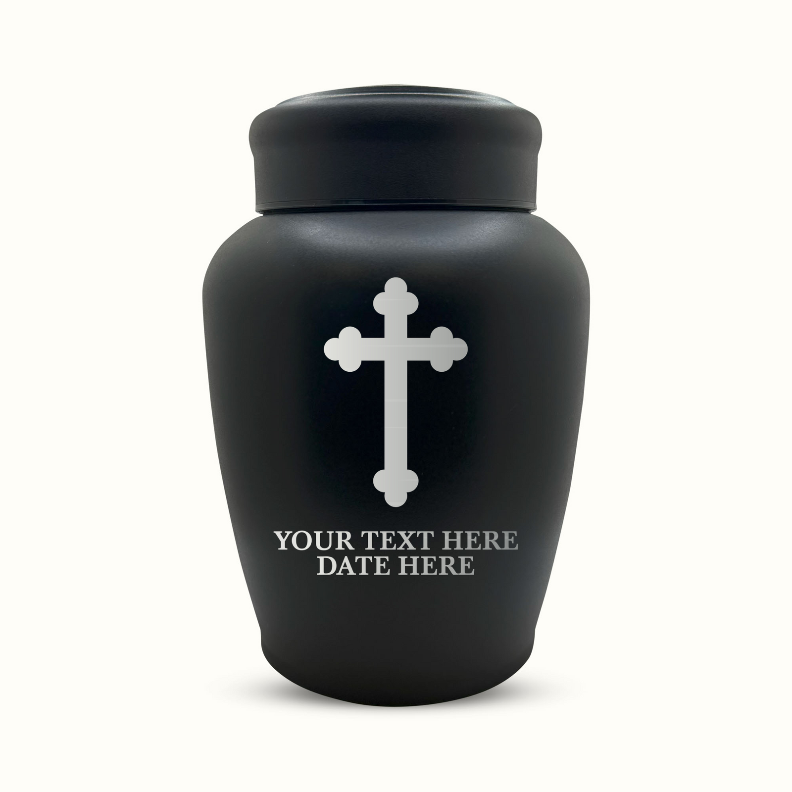 Custom Engraved Stainless Steel Human Urn with Memorial Cross Design - Black Powder Coated Finish - 150 Cubic Inch
