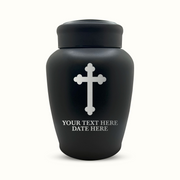 Custom Engraved Stainless Steel Human Urn with Memorial Cross Design - Black Powder Coated Finish - 150 Cubic Inch