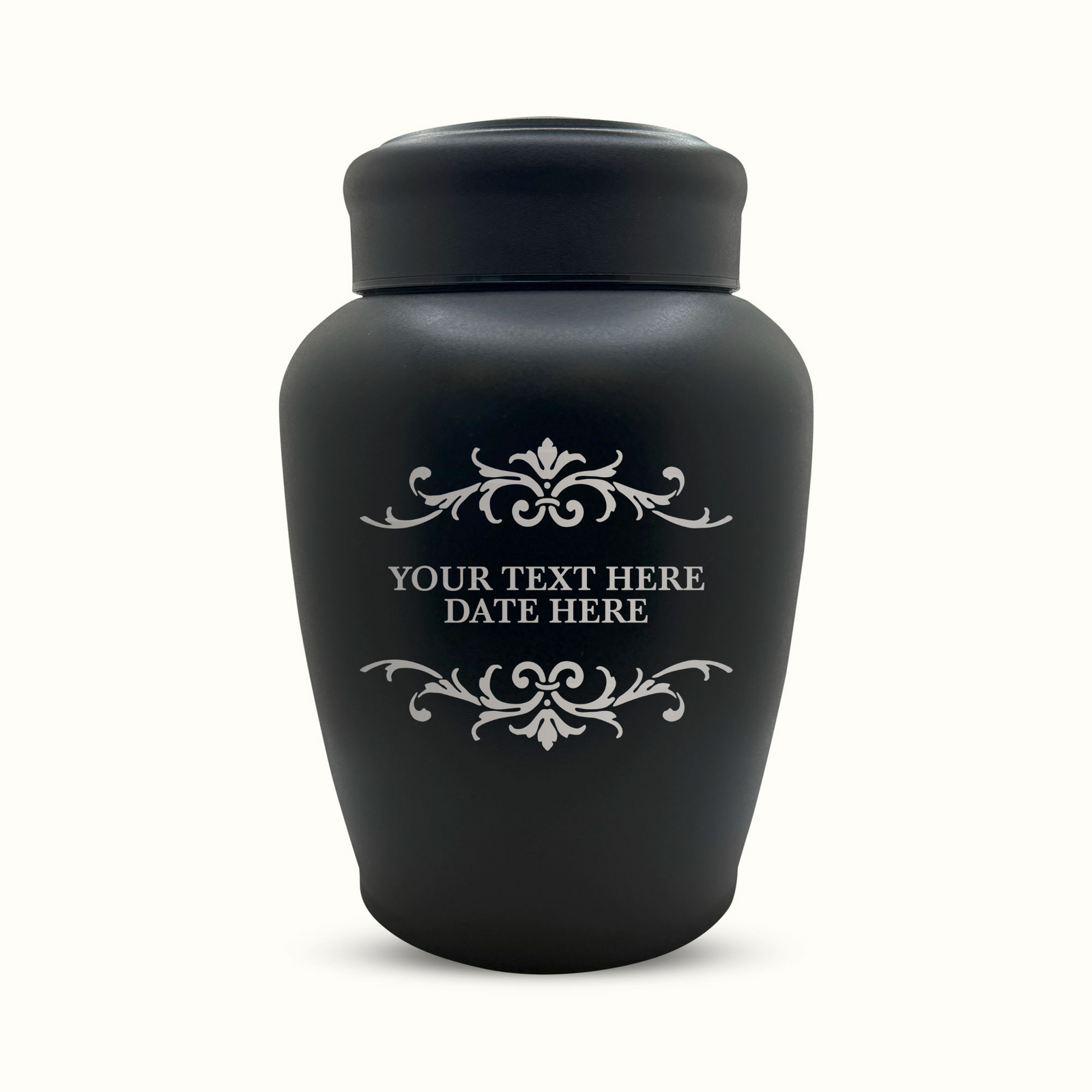 Custom Engraved Stainless Steel Human Urn with Memorial Swirl Design - Black Powder Coated Finish - 150 Cubic Inch